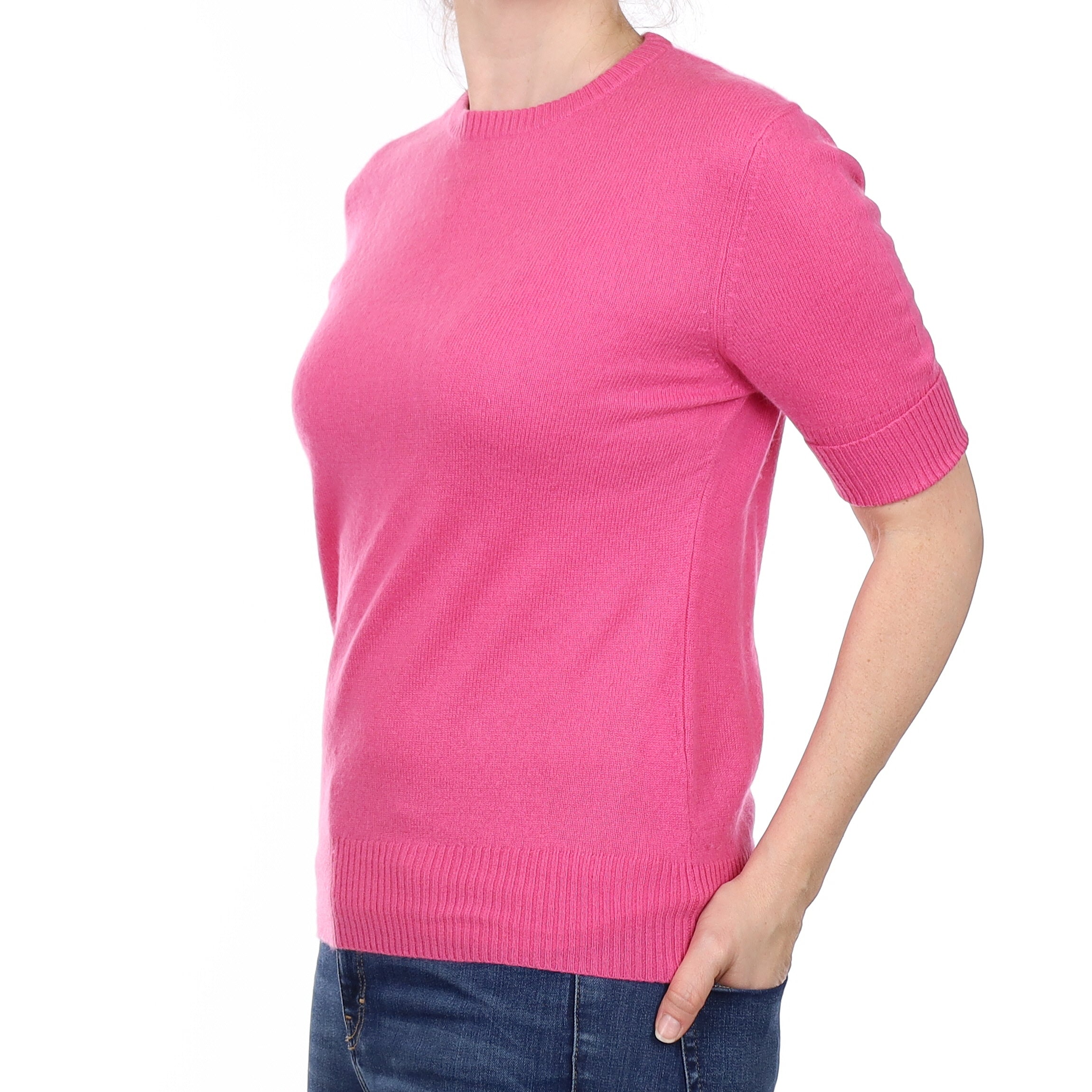 Rose Pink Cashmere Short Sleeved Crew Neck Jumper Small
