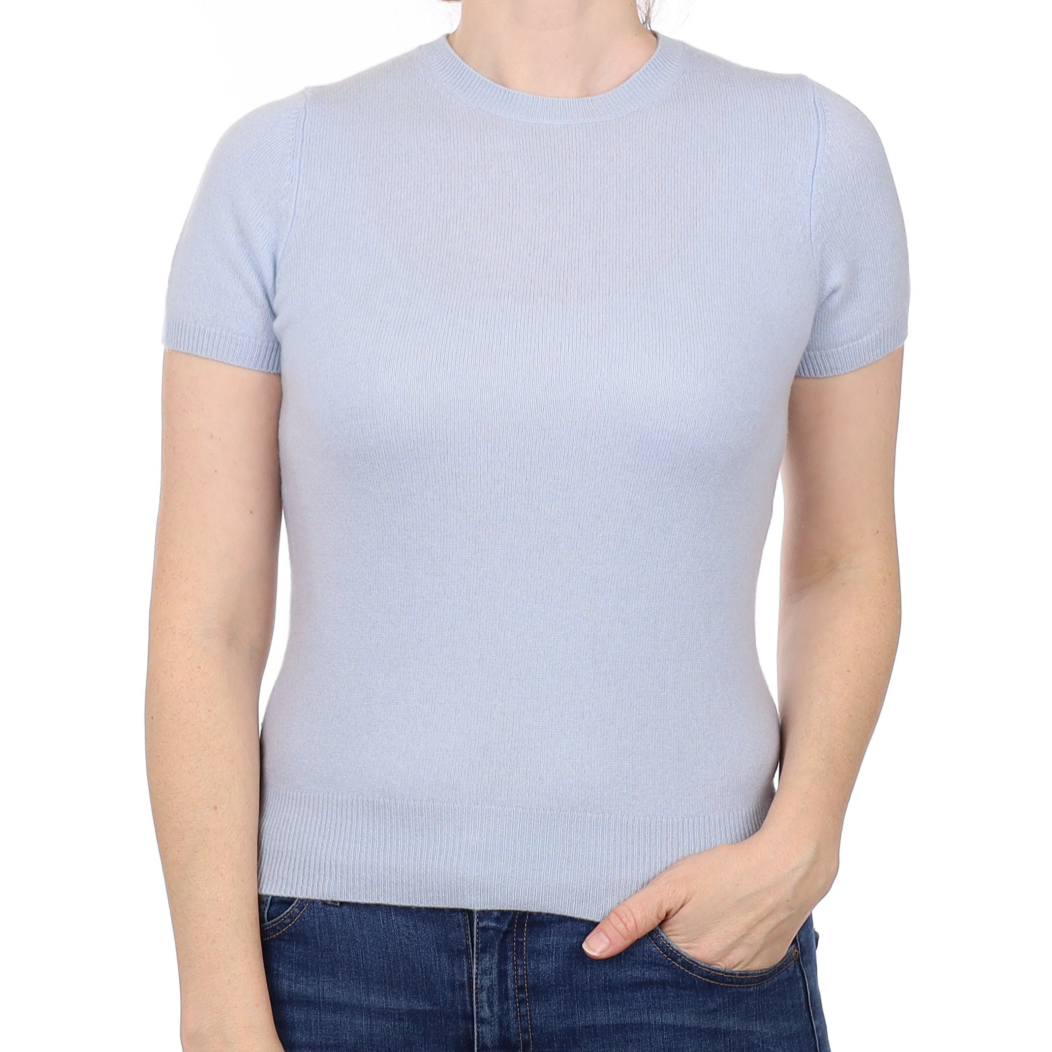 Ice Blue Cashmere Short Sleeved Crew Neck Jumper Small