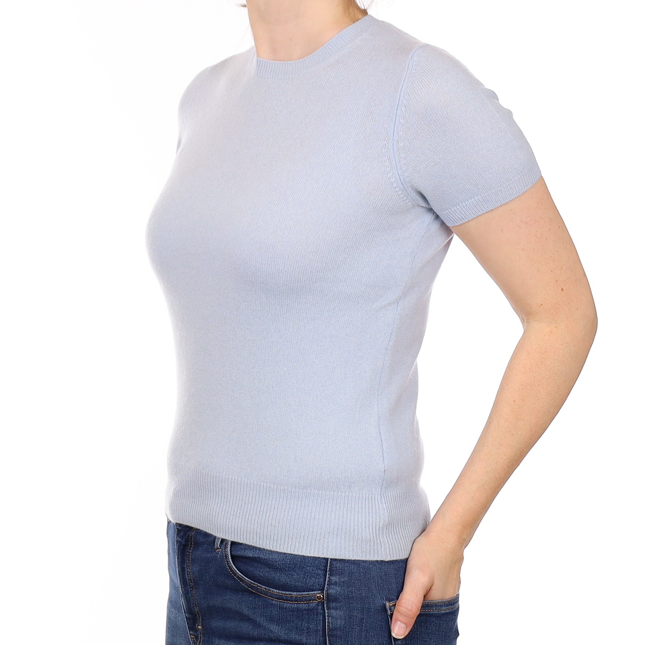 Ice Blue Cashmere Short Sleeved Crew Neck Jumper Small