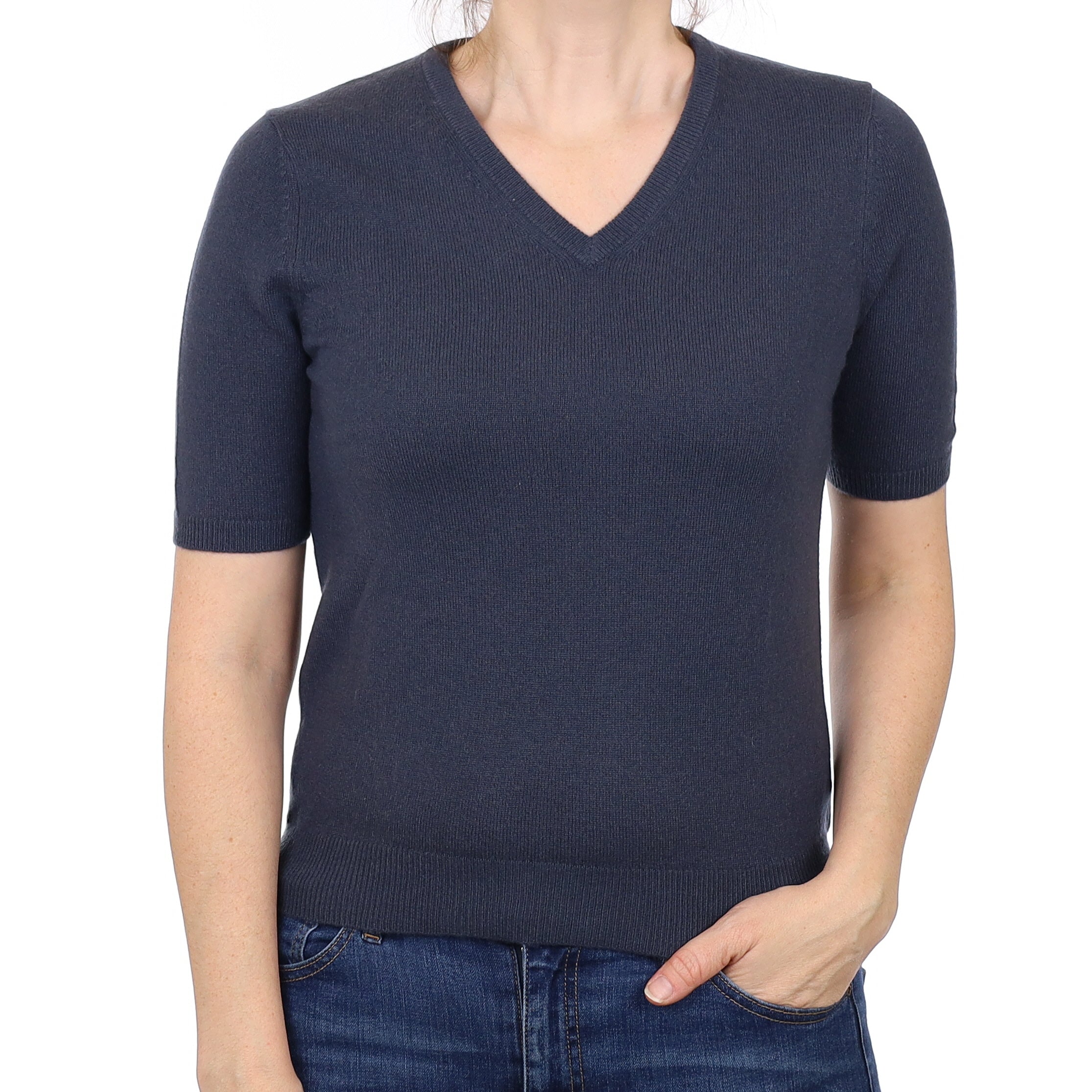 Slate Blue Cashmere Short Sleeved V Neck Jumper Small