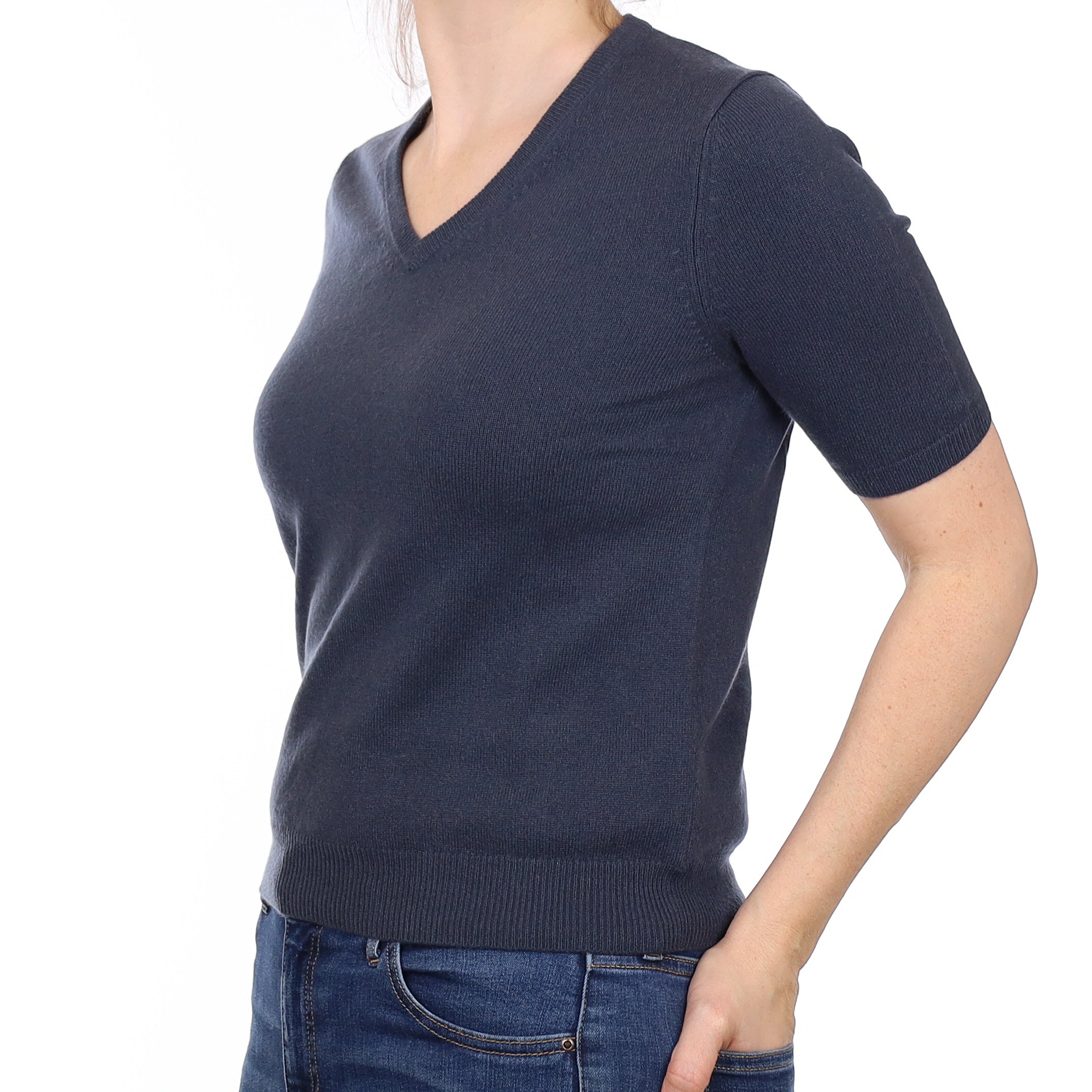 Slate Blue Cashmere Short Sleeved V Neck Jumper Small