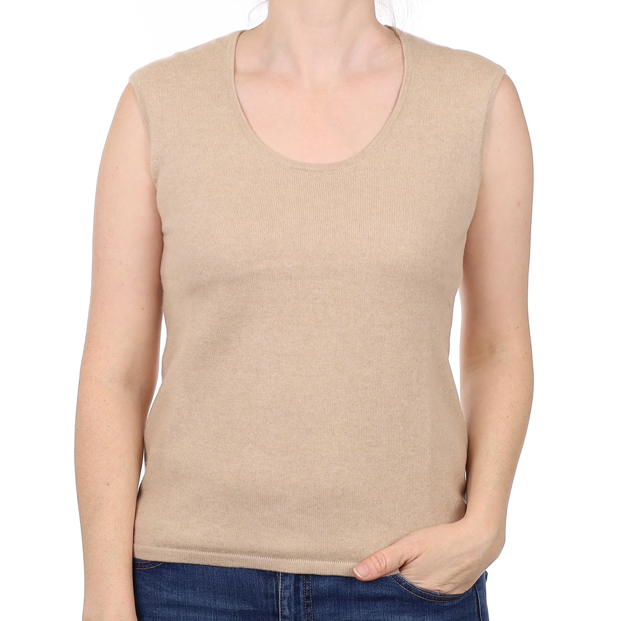 Beige Cashmere Crew Neck Tank Top Small