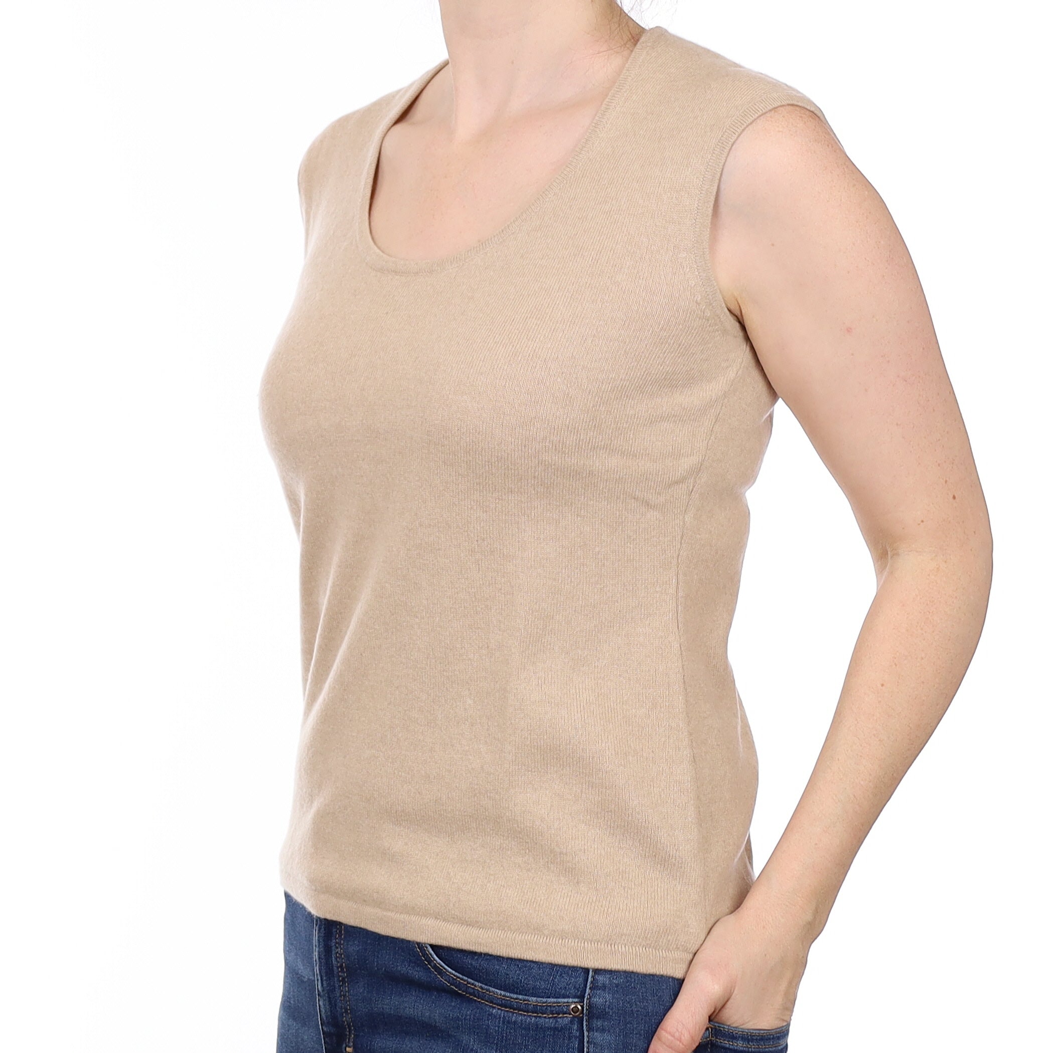 Beige Cashmere Crew Neck Tank Top Small