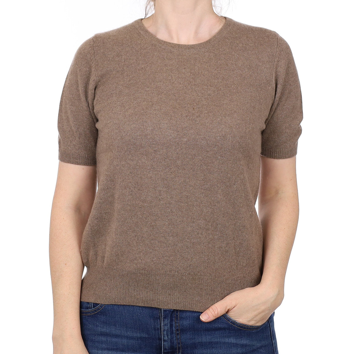 Mocha Brown Cashmere Short Sleeved Crew Neck Jumper Small