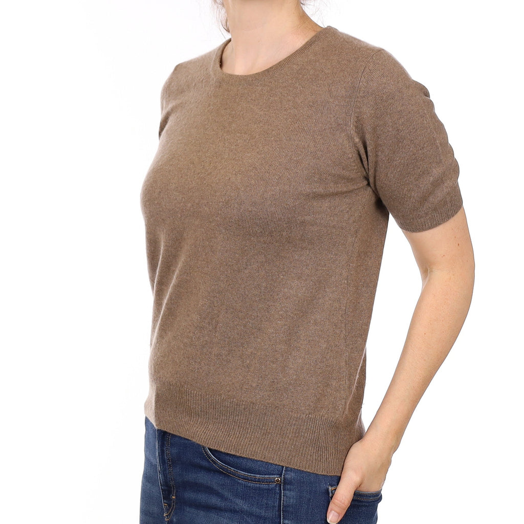 Mocha Brown Cashmere Short Sleeved Crew Neck Jumper Small