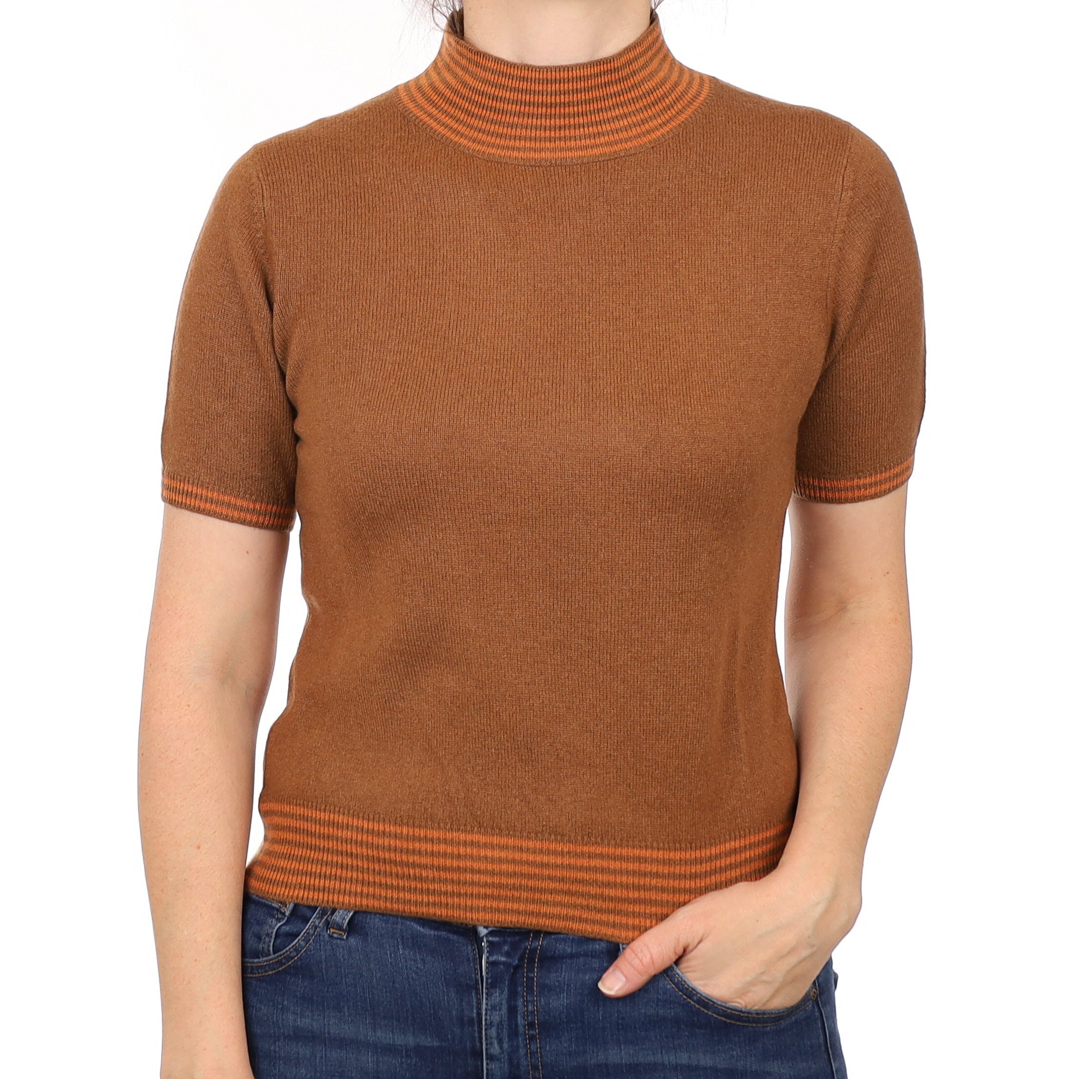 Brown and Orange Striped Cashmere Short Sleeved Turtle Neck Jumper Small