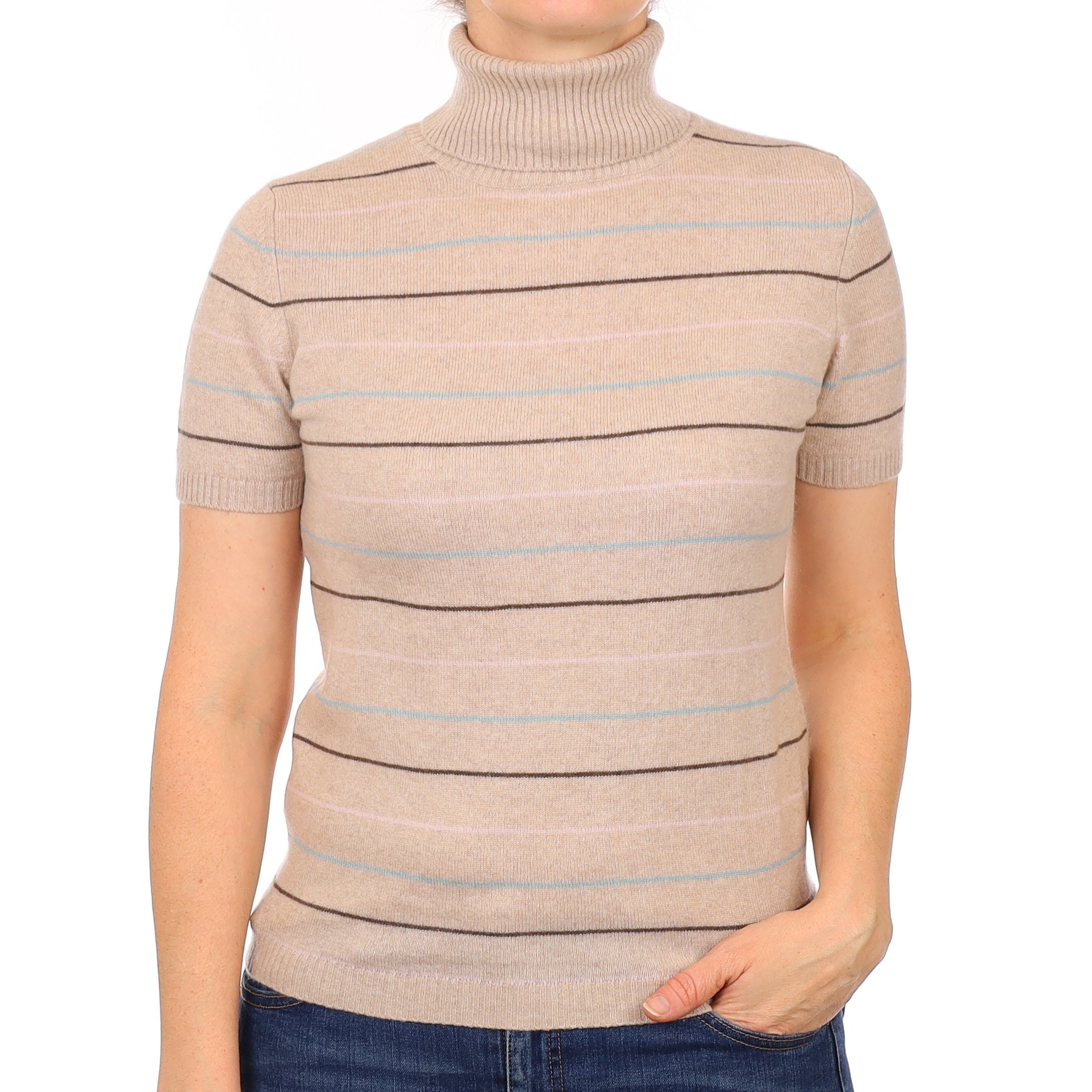 Fawn Candy Striped Cashmere Short Sleeved Polo Neck Jumper Small