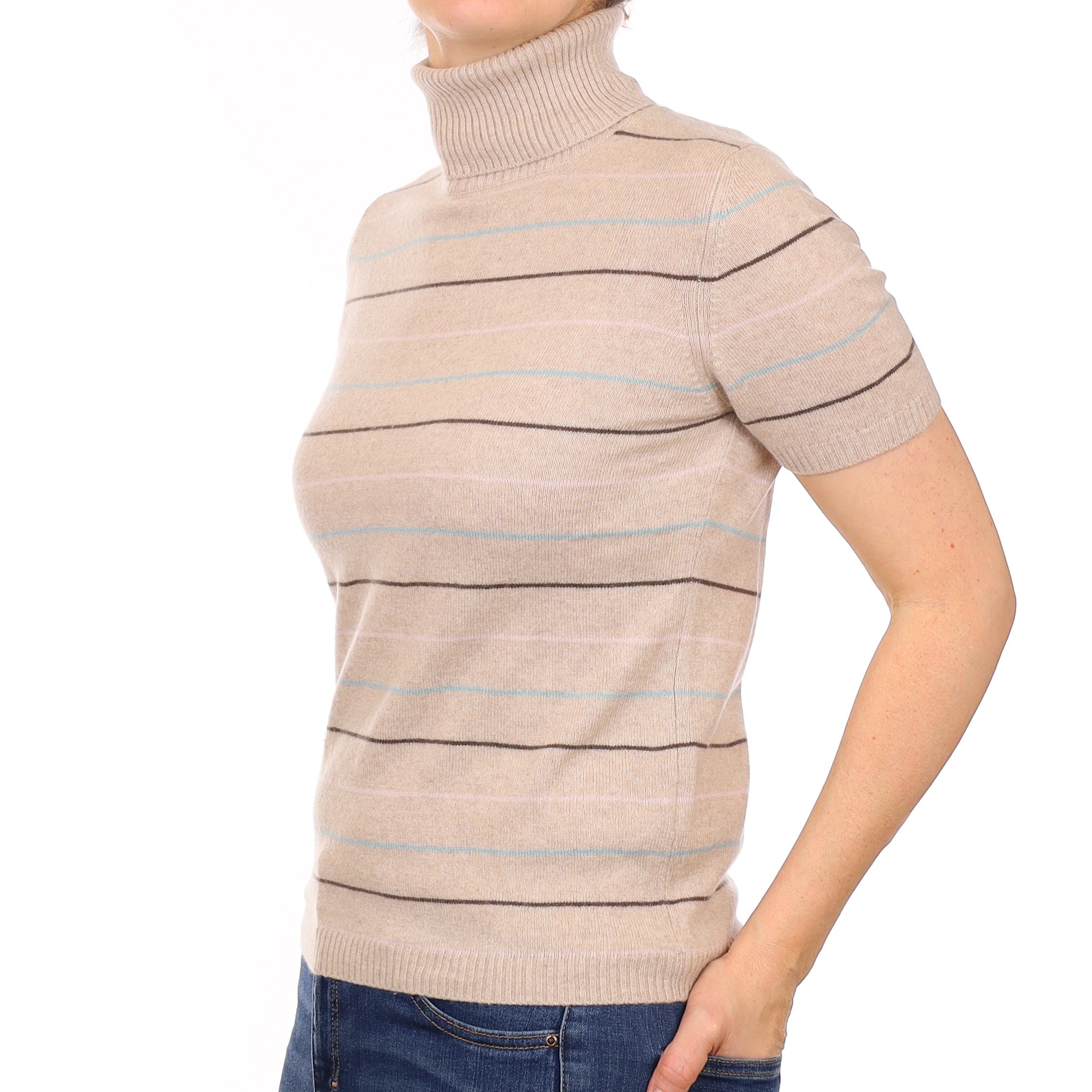 Fawn Candy Striped Cashmere Short Sleeved Polo Neck Jumper Small