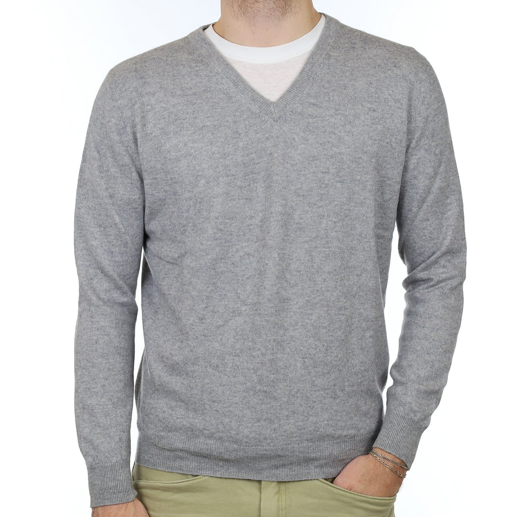 Men's Smoke Grey Cashmere V Neck Jumper Large