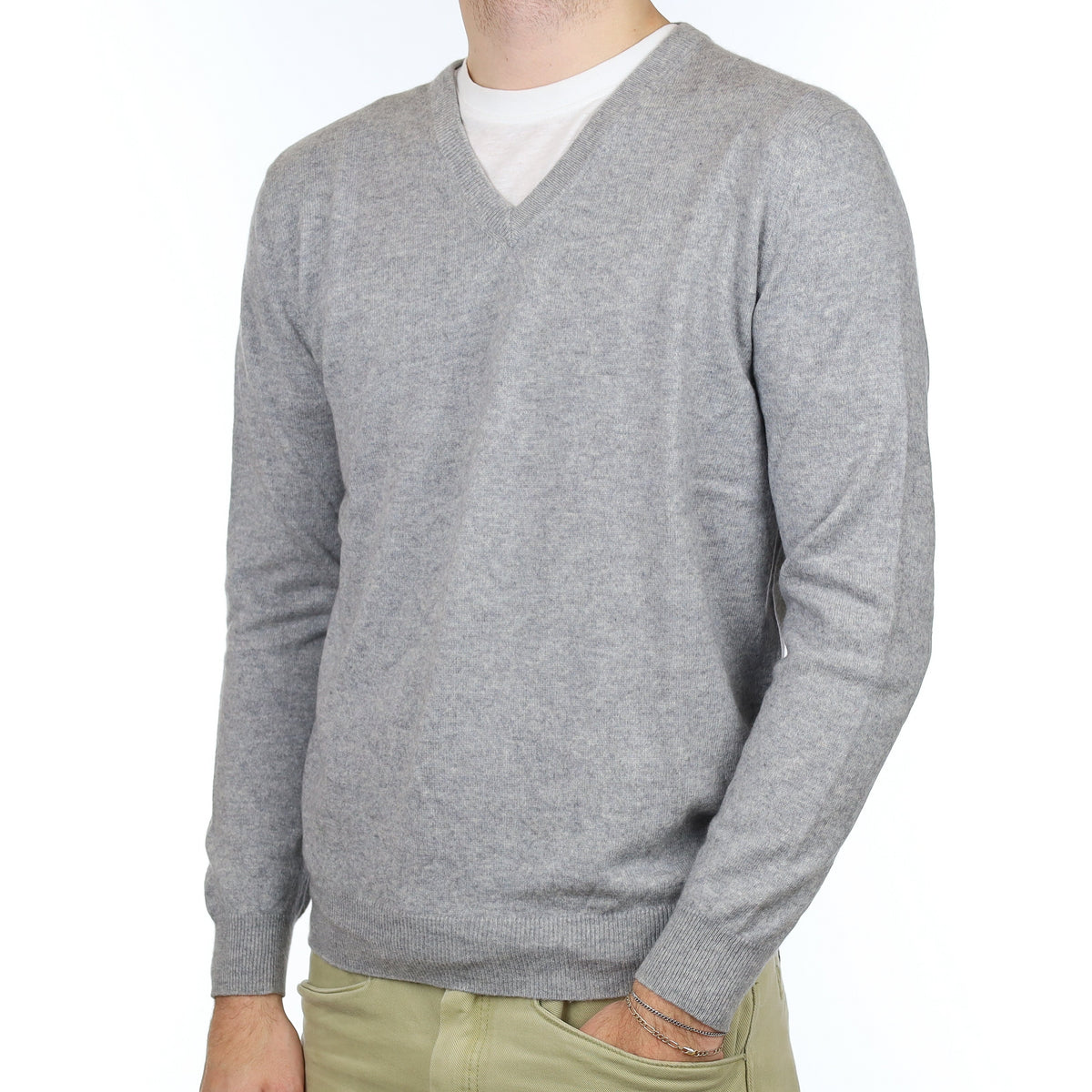 Men's Smoke Grey Cashmere V Neck Jumper Large