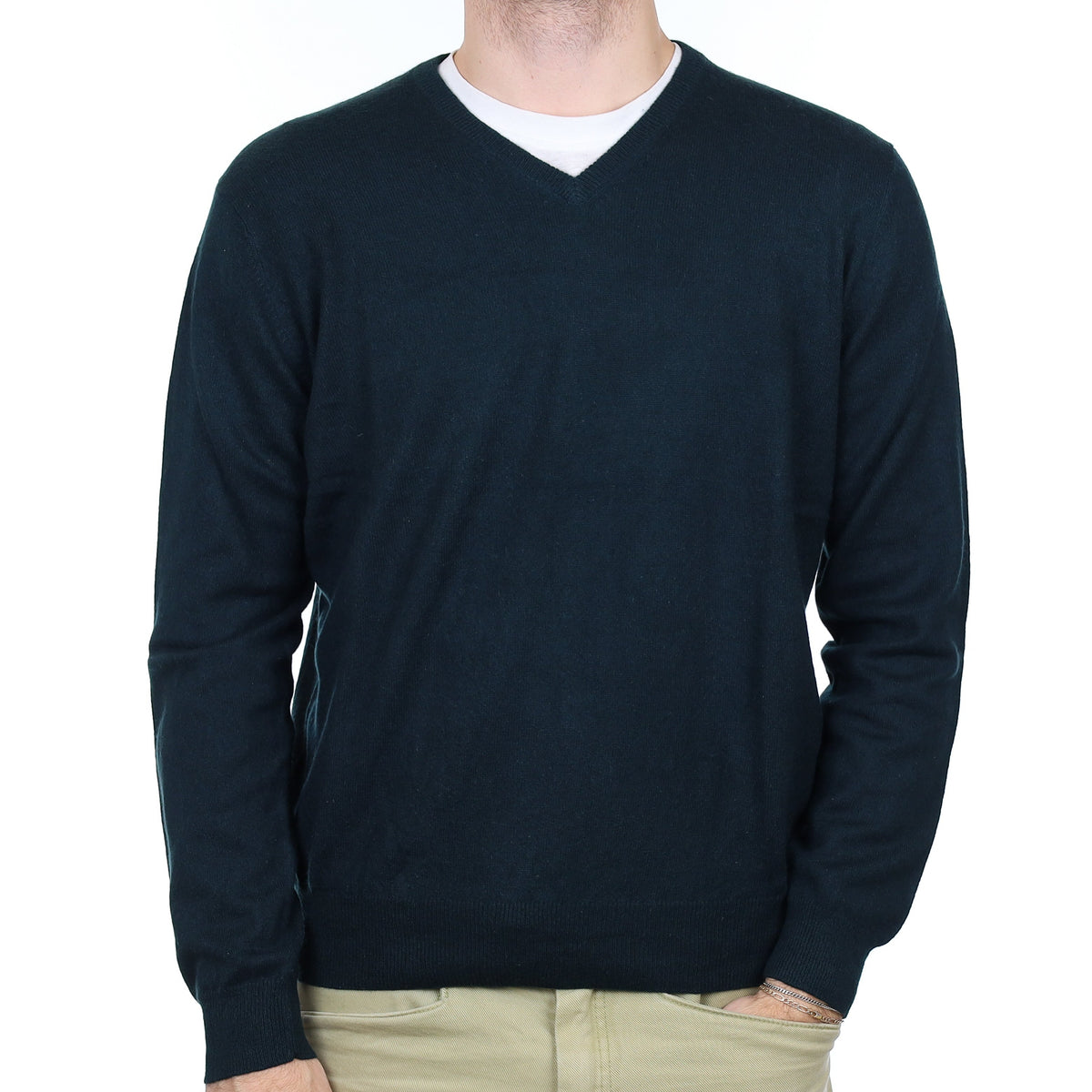 Men's Darkest Green Cashmere V Neck Jumper Large