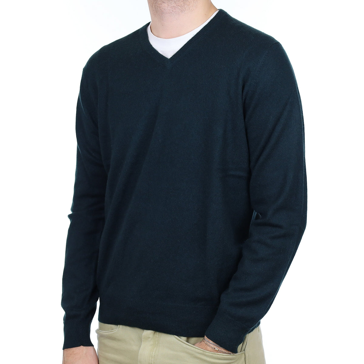 Men's Darkest Green Cashmere V Neck Jumper Large