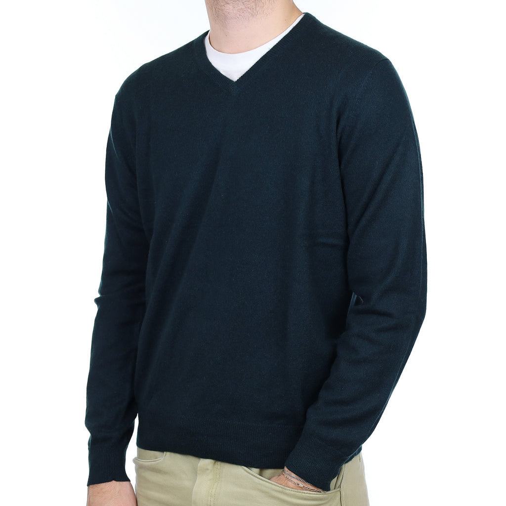 Men's Darkest Green Cashmere V Neck Jumper Large
