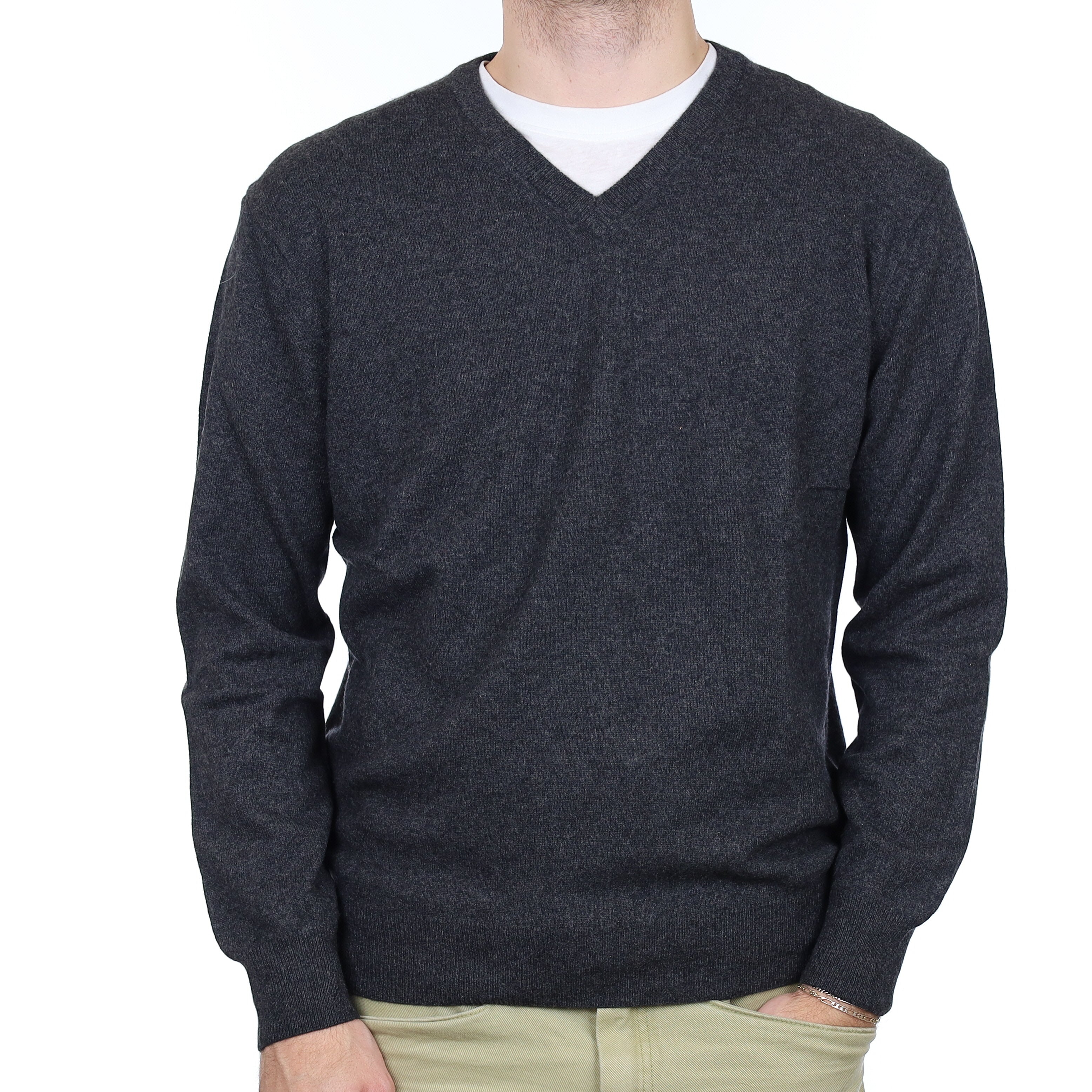 Men's Charcoal Grey Cashmere V Neck Jumper Large