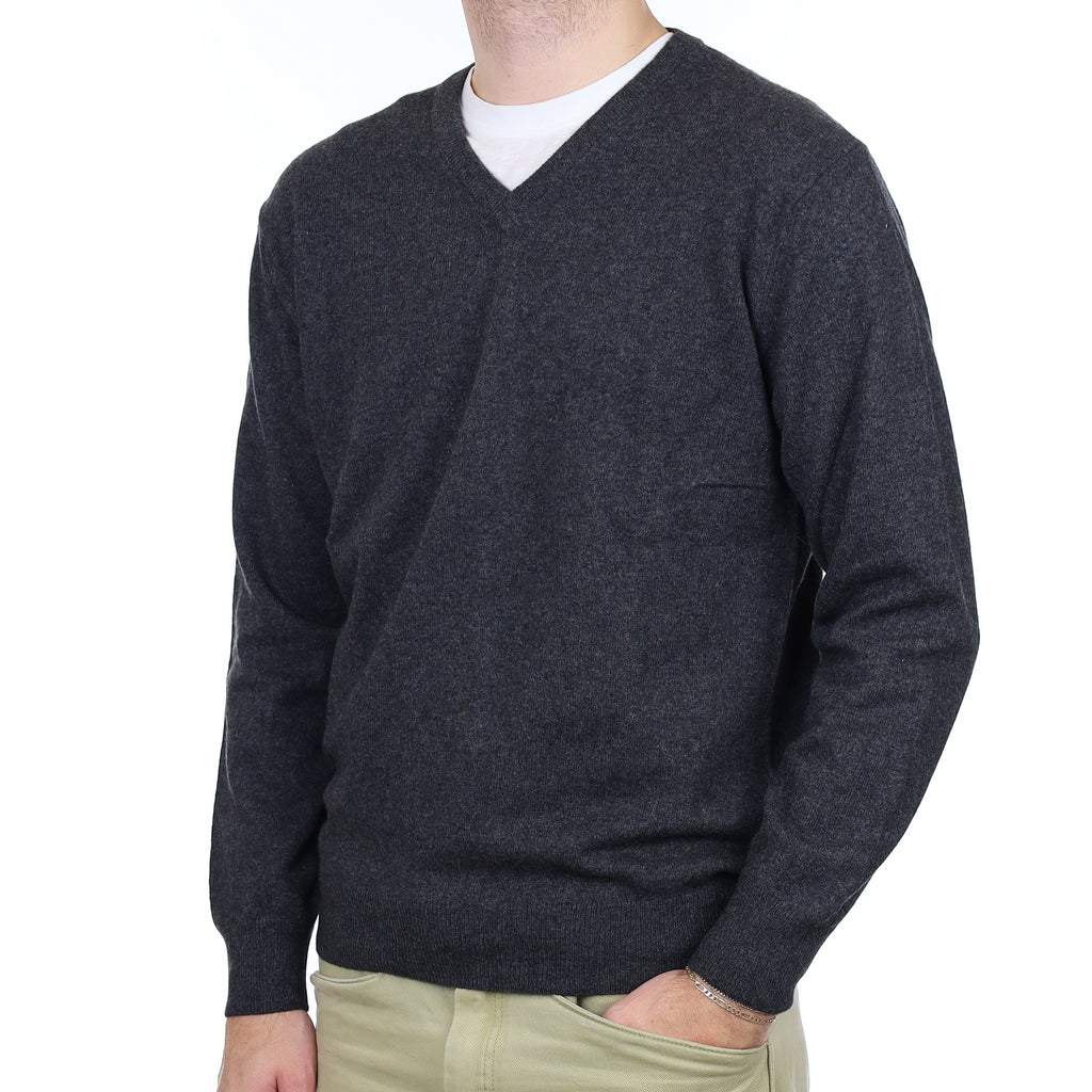 Men's Charcoal Grey Cashmere V Neck Jumper Large