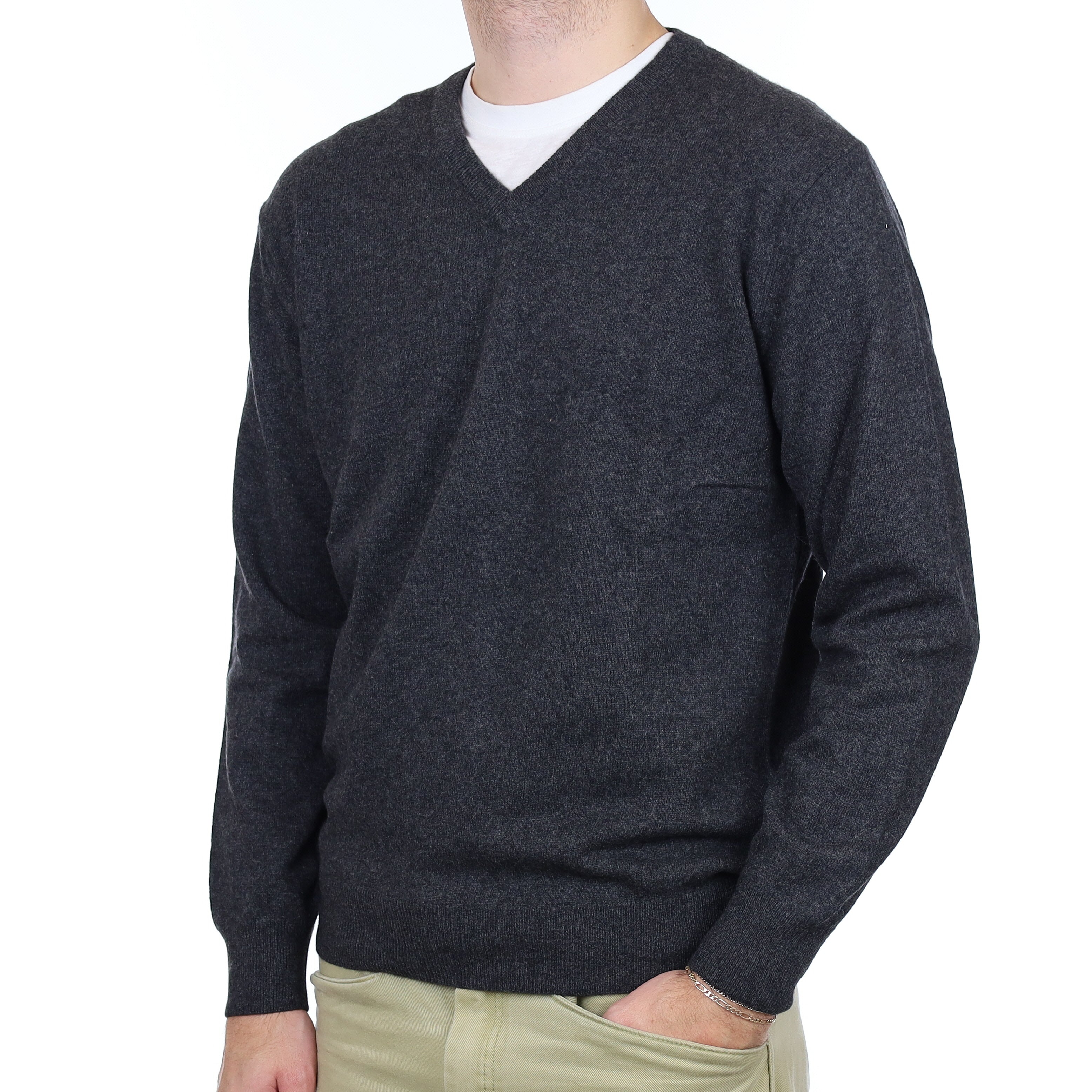 Men's Charcoal Grey Cashmere V Neck Jumper Large