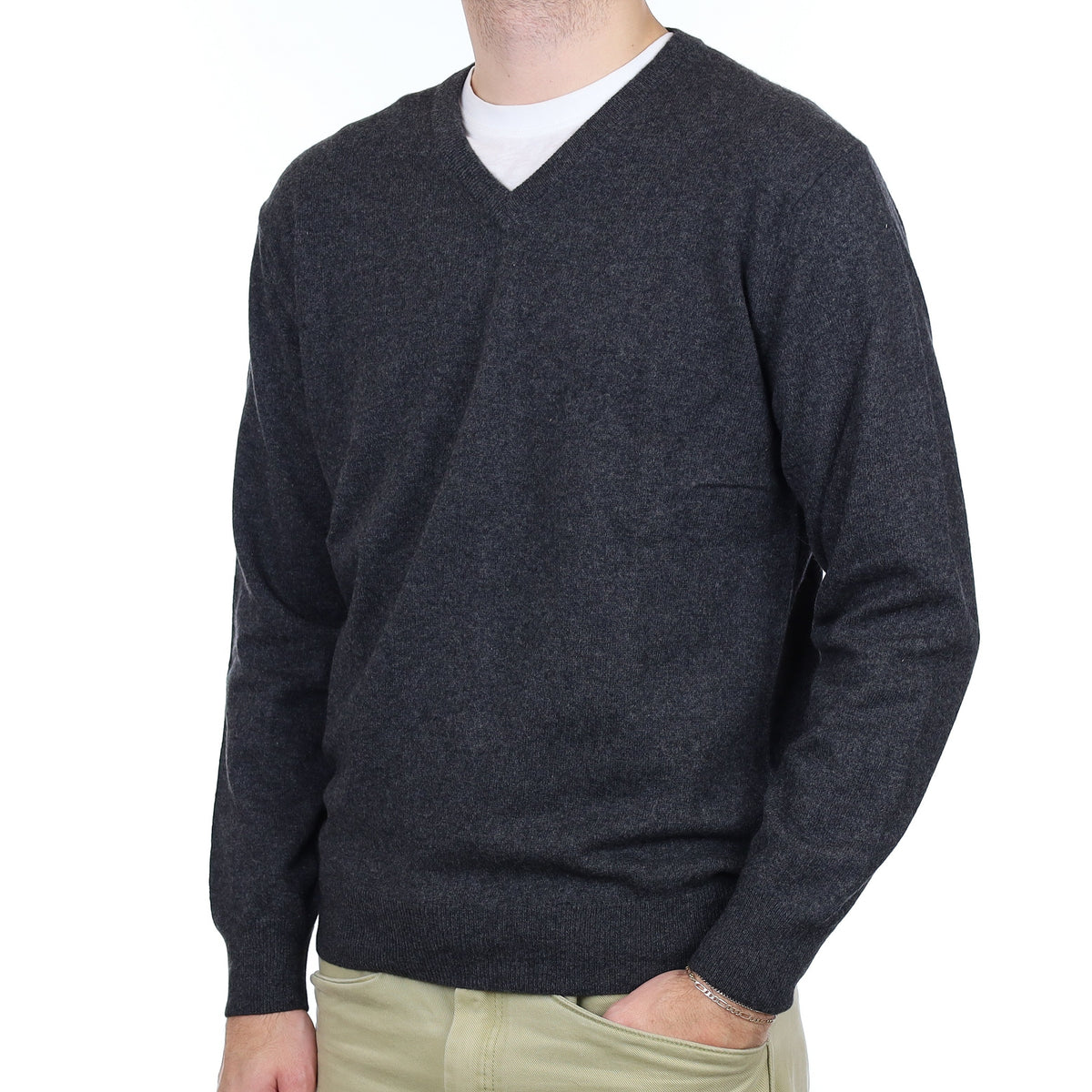 Men's Charcoal Grey Cashmere V Neck Jumper Large