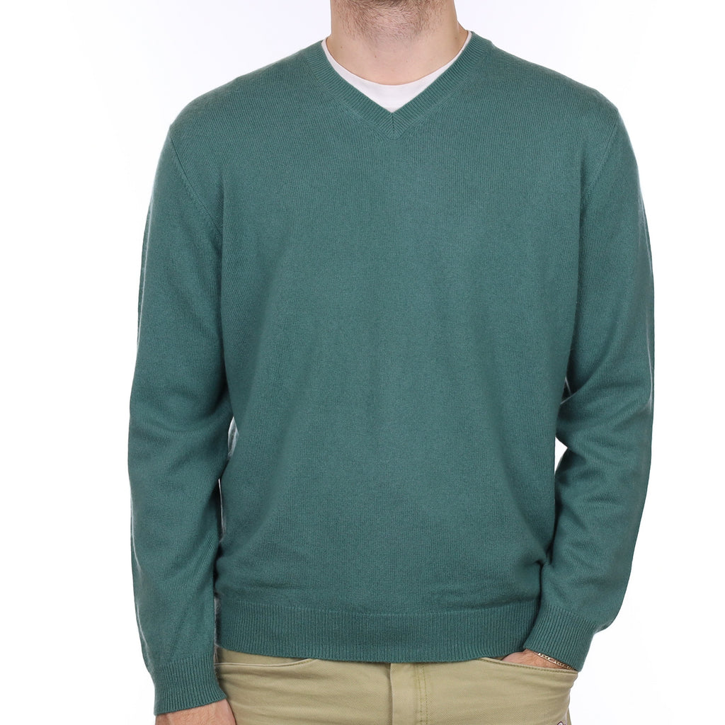 Men's Everglade Green Cashmere V Neck Jumper Large