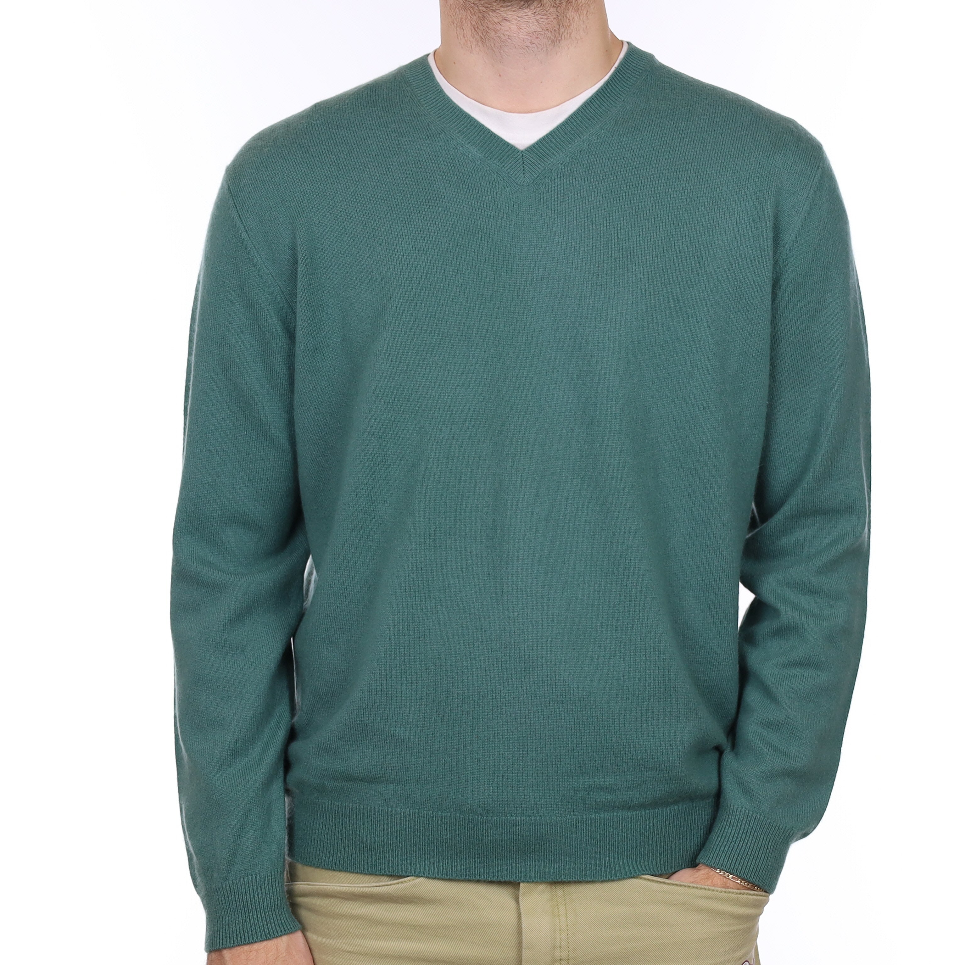 Men's Everglade Green Cashmere V Neck Jumper Large
