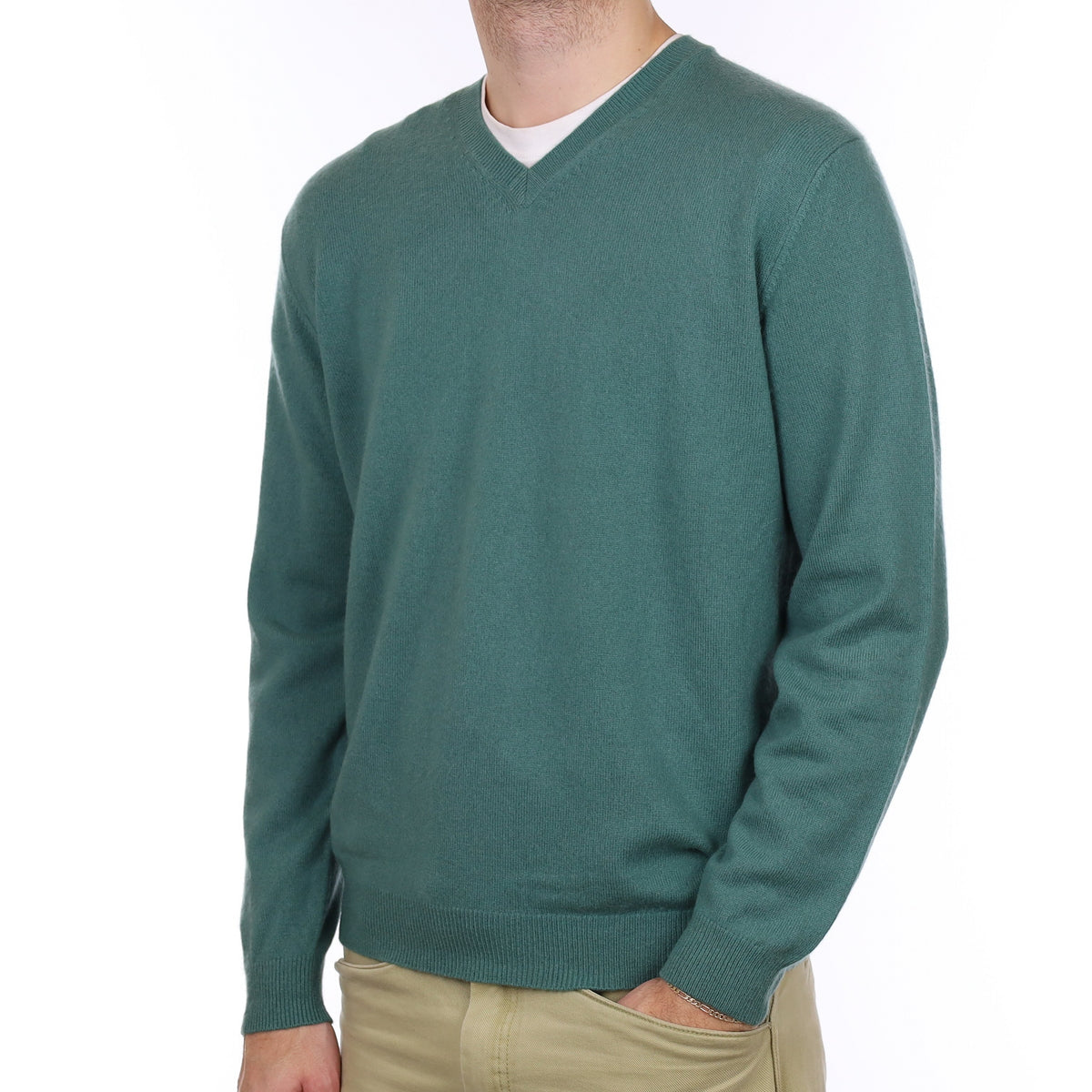 Men's Everglade Green Cashmere V Neck Jumper Large