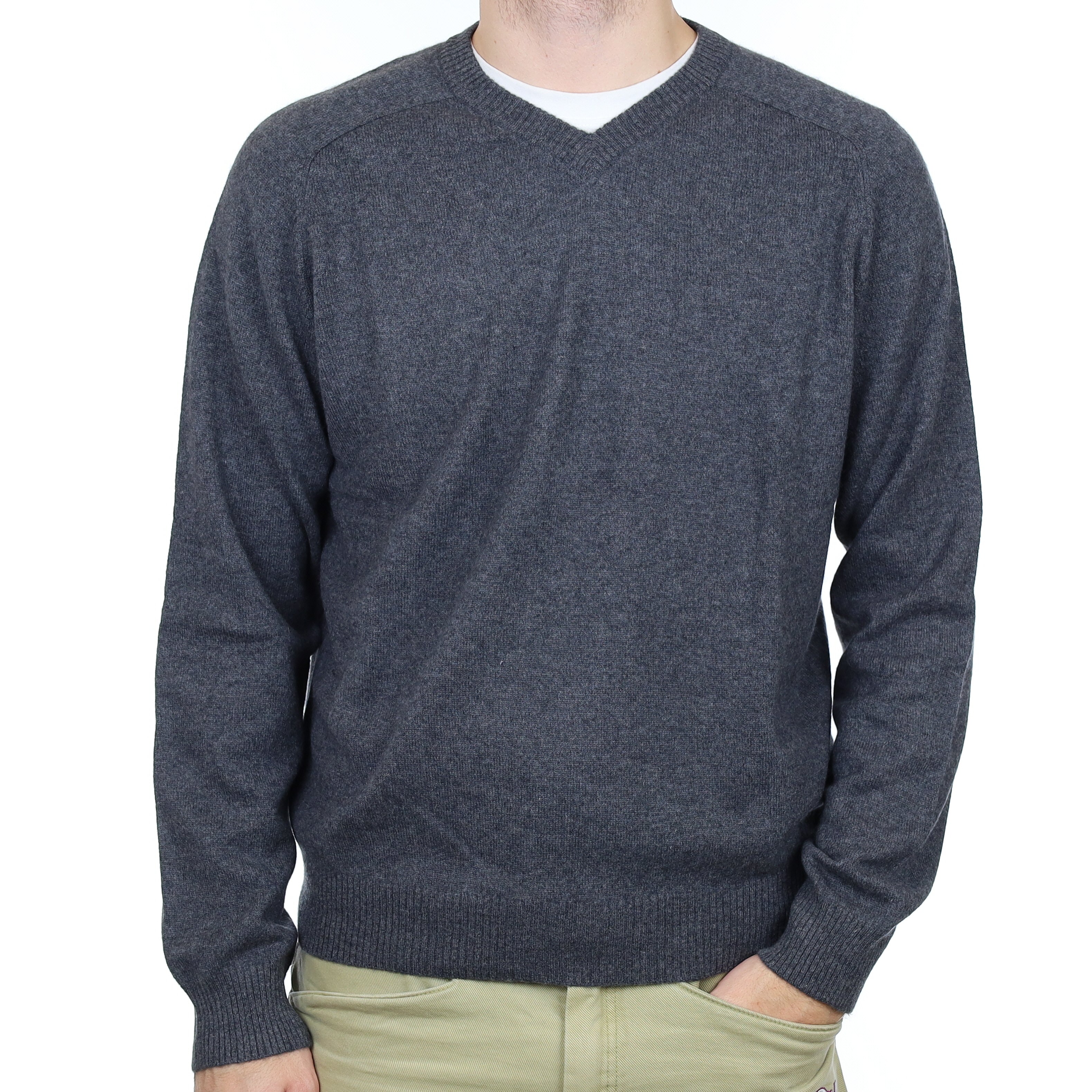 Men's Slate Grey Cashmere V Neck Jumper Large