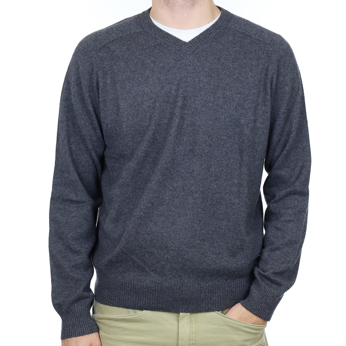 Men's Slate Grey Cashmere V Neck Jumper Large