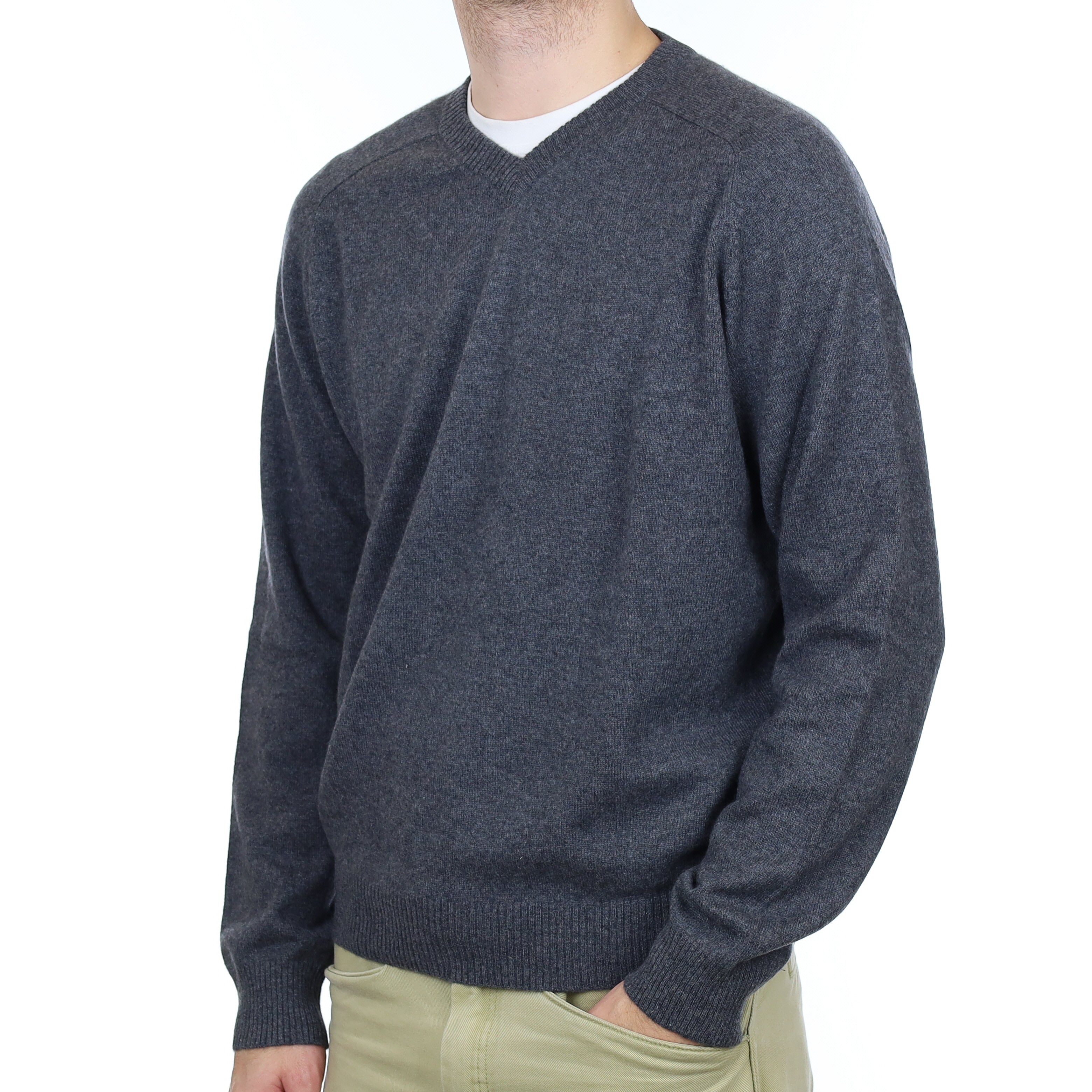 Men's Slate Grey Cashmere V Neck Jumper Large