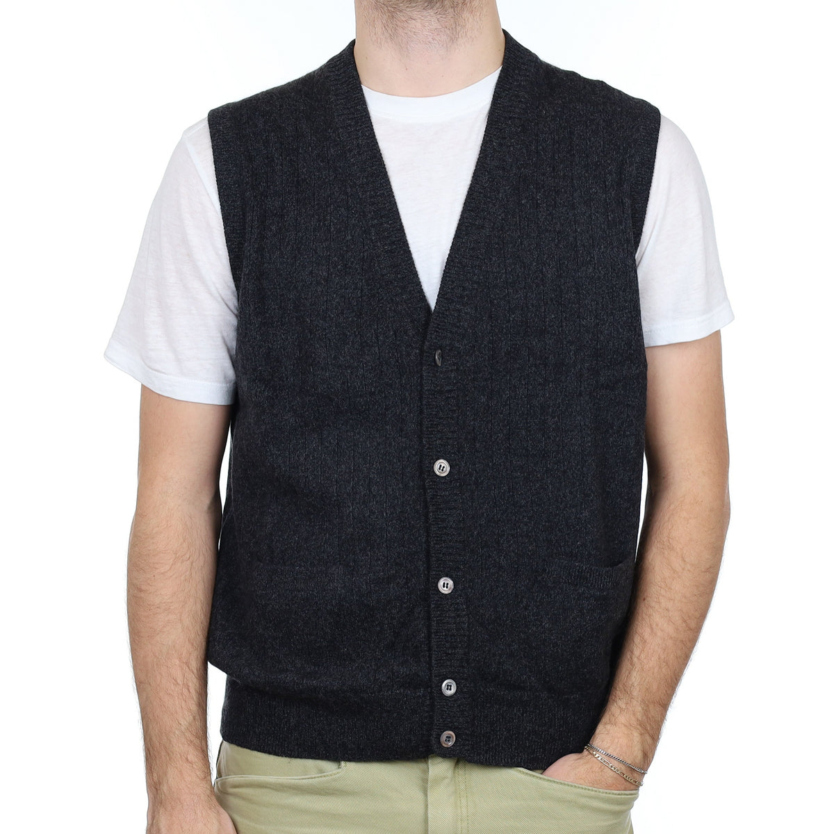 Men's Charcoal Grey Ribbed Cashmere V Neck Waistcoat with Pockets Large