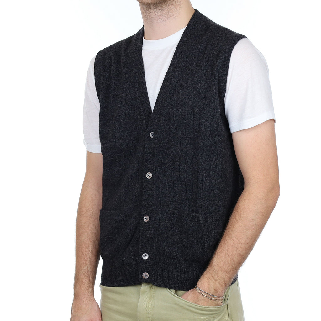 Men's Charcoal Grey Ribbed Cashmere V Neck Waistcoat with Pockets Large