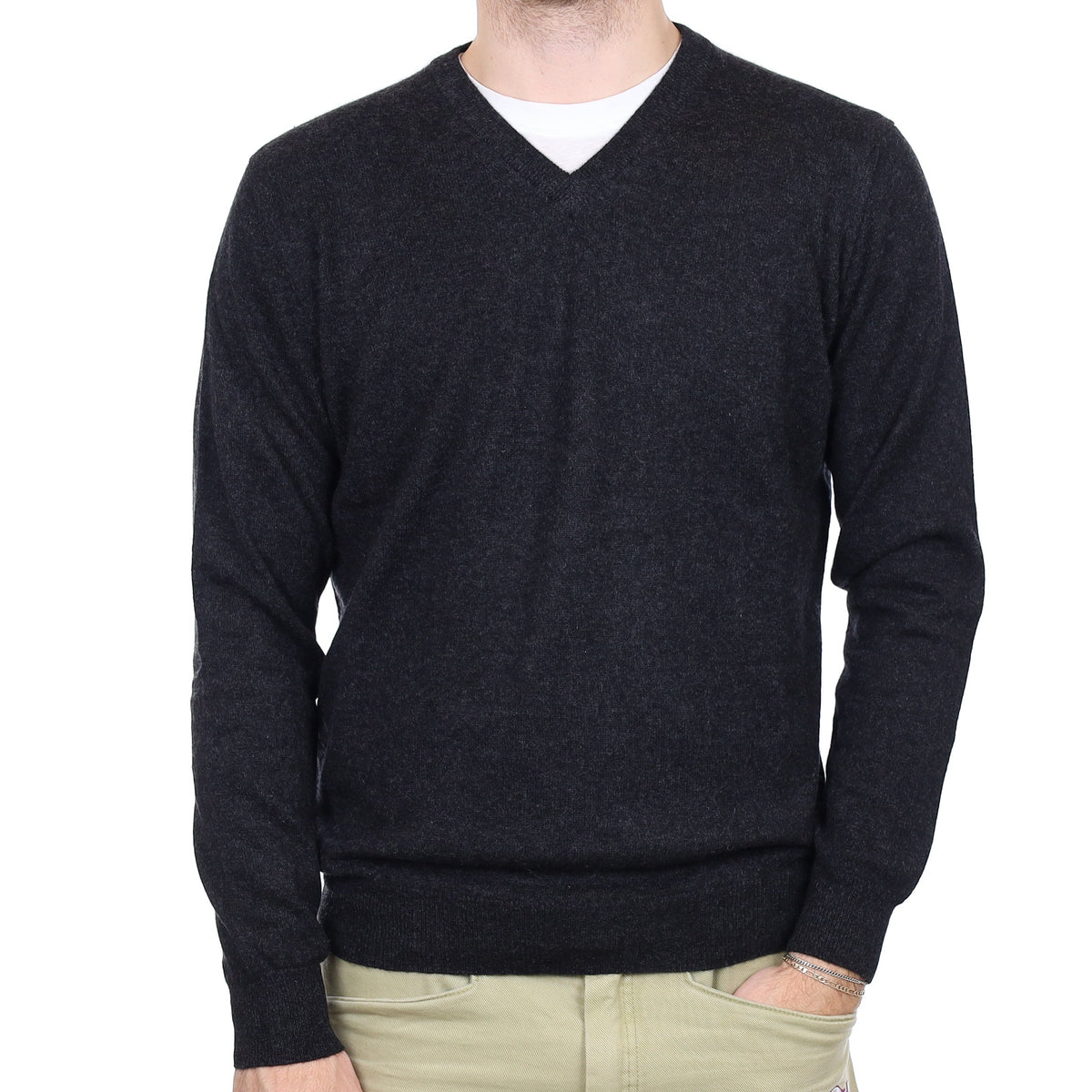Men's Granite Grey Cashmere V Neck Jumper Large