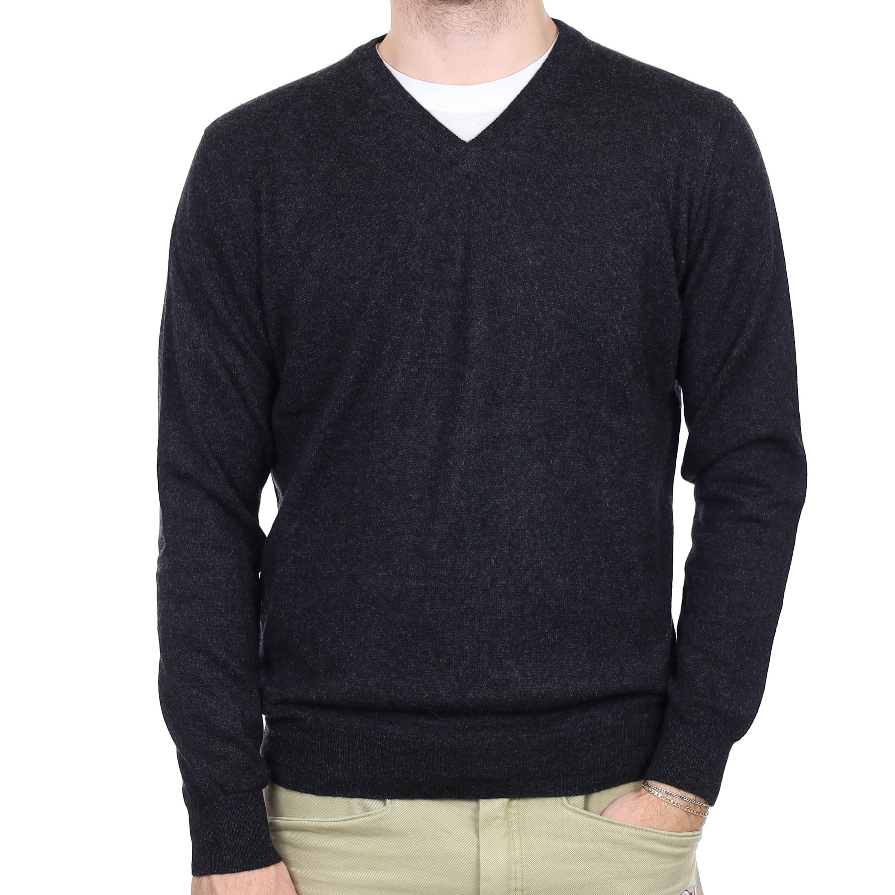 Men's Granite Grey Cashmere V Neck Jumper Large