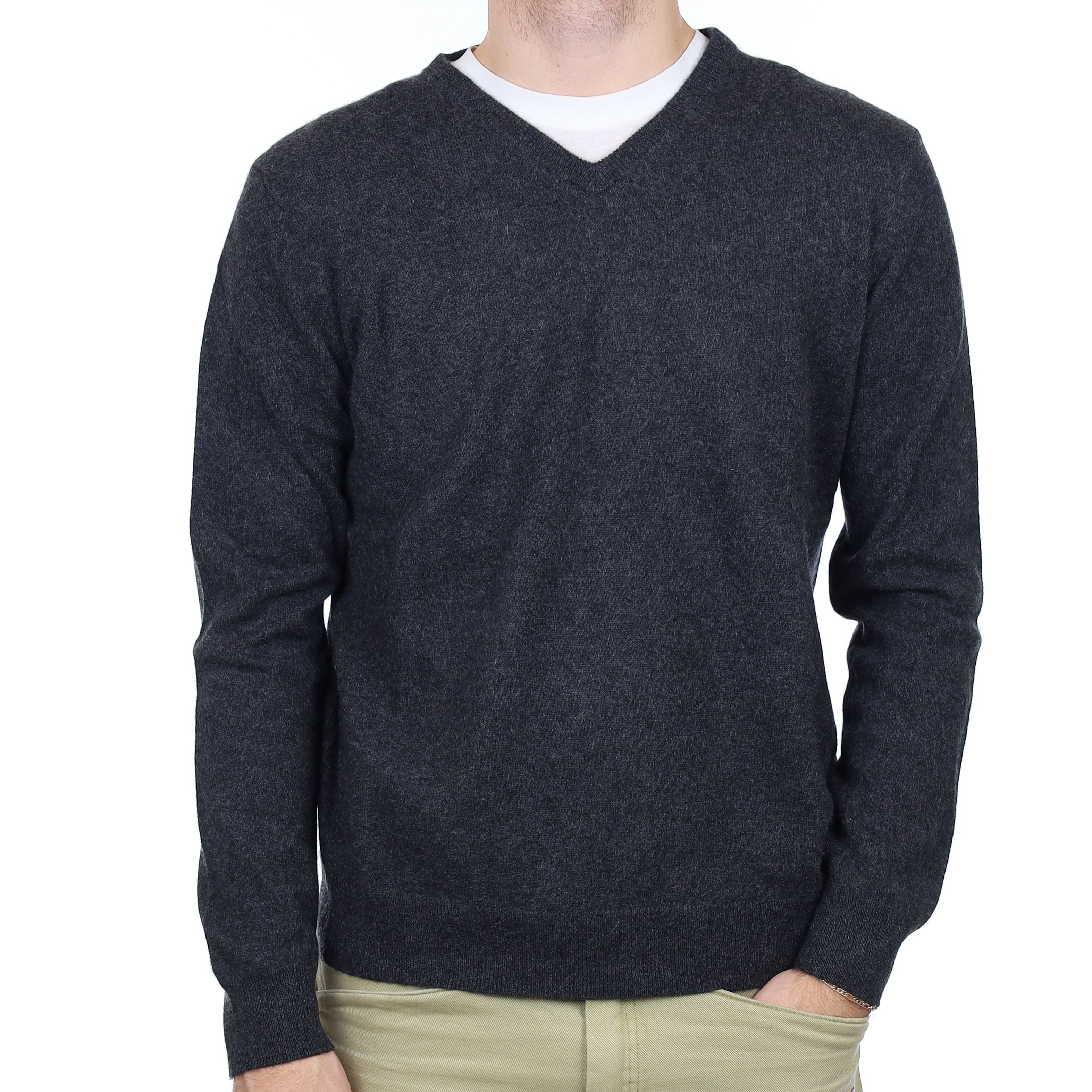 Men's Charcoal Grey Cashmere V Neck Jumper Large