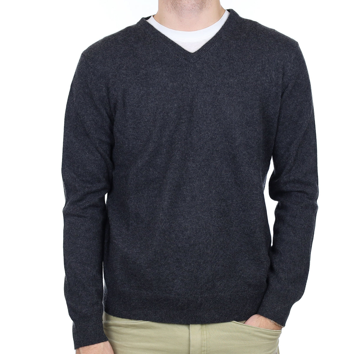 Men's Charcoal Grey Cashmere V Neck Jumper Large
