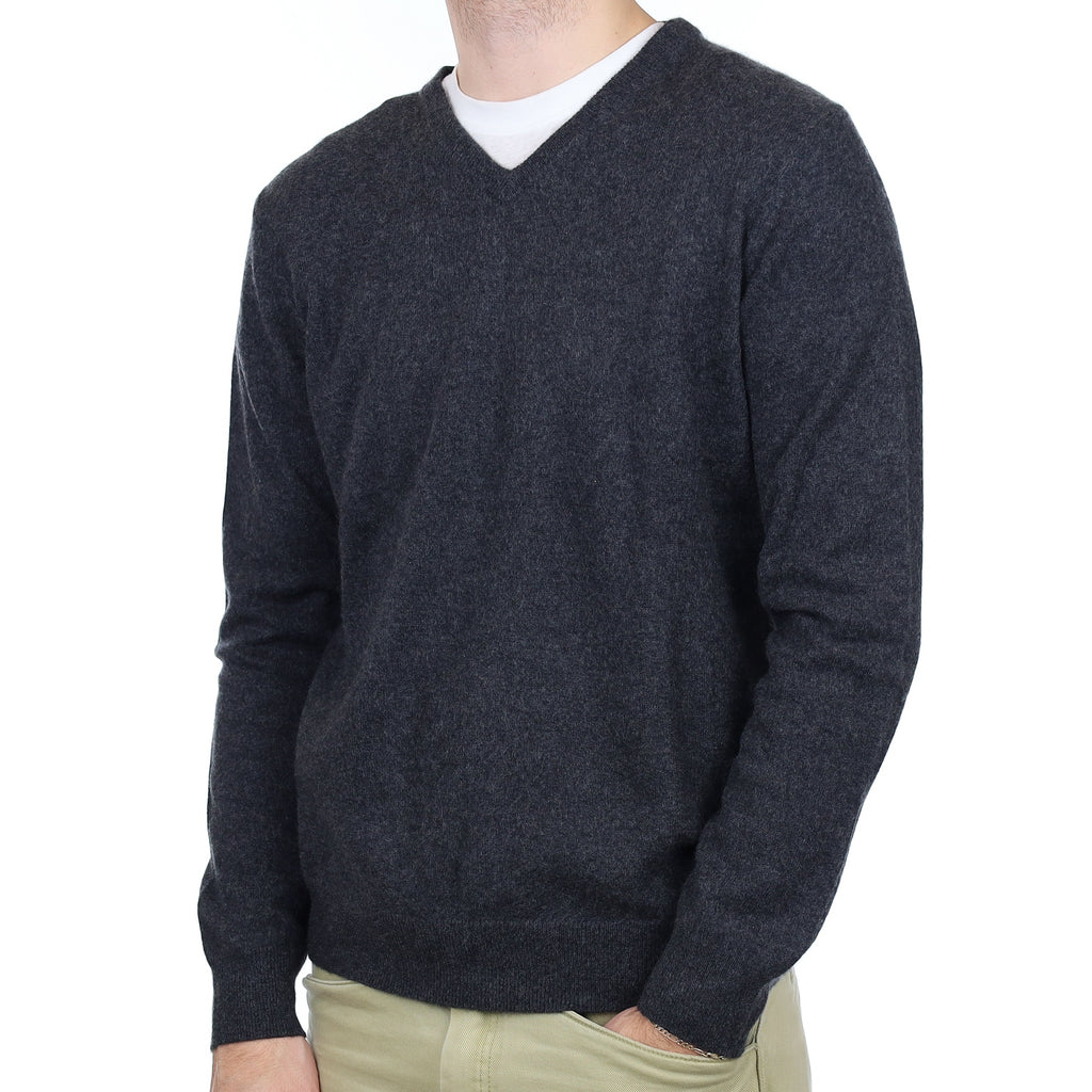 Men's Charcoal Grey Cashmere V Neck Jumper Large