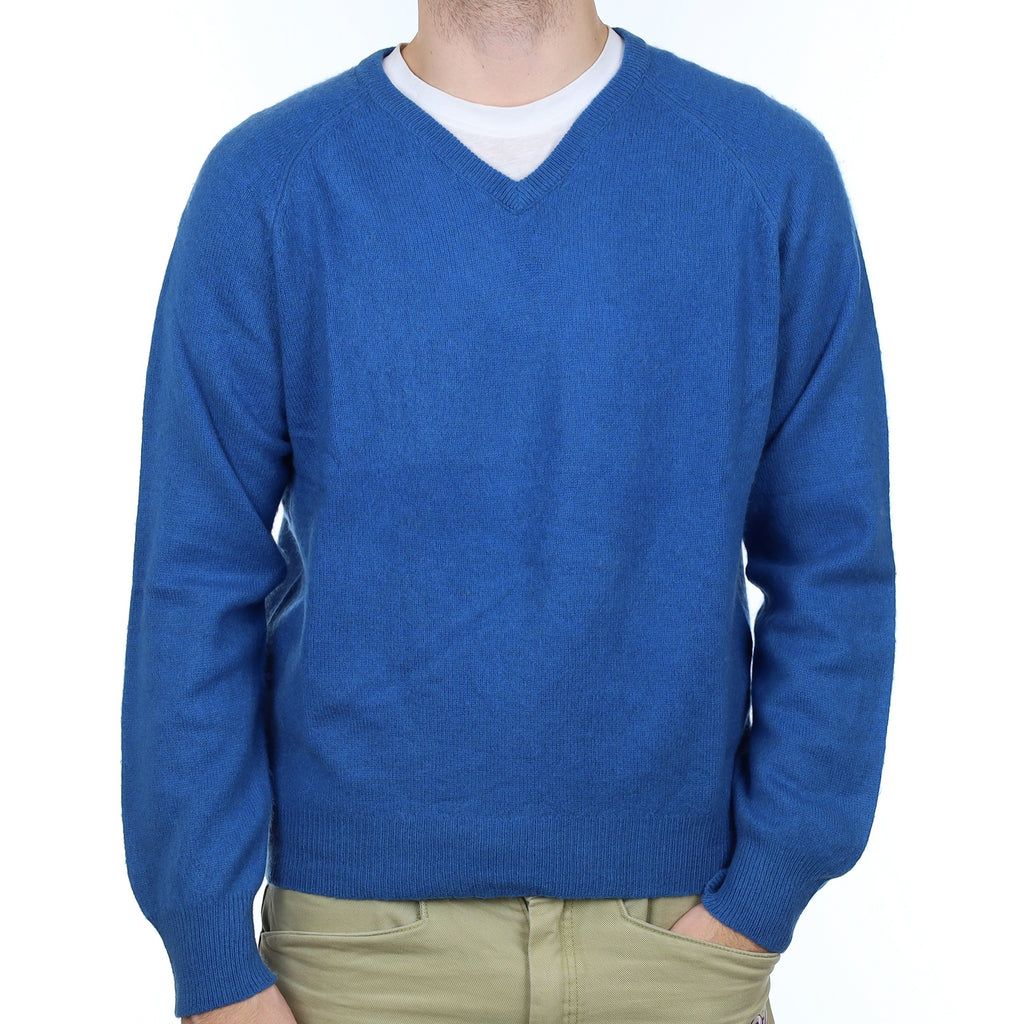 Men's Ocean Blue Cashmere V Neck Jumper Large