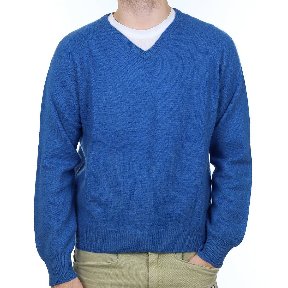 Men's Ocean Blue Cashmere V Neck Jumper Large