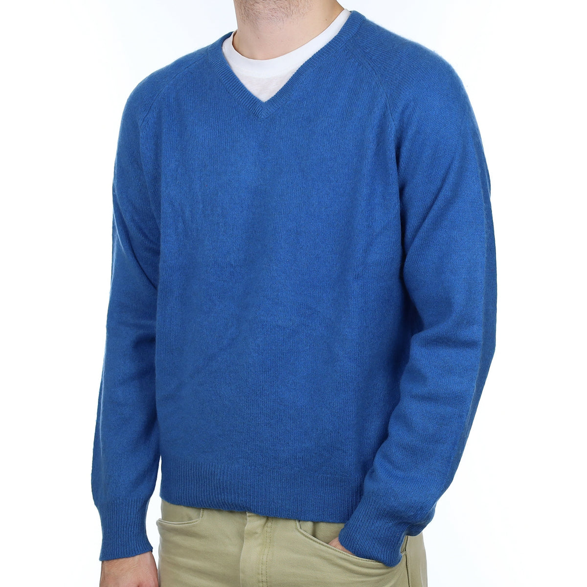 Men's Ocean Blue Cashmere V Neck Jumper Large