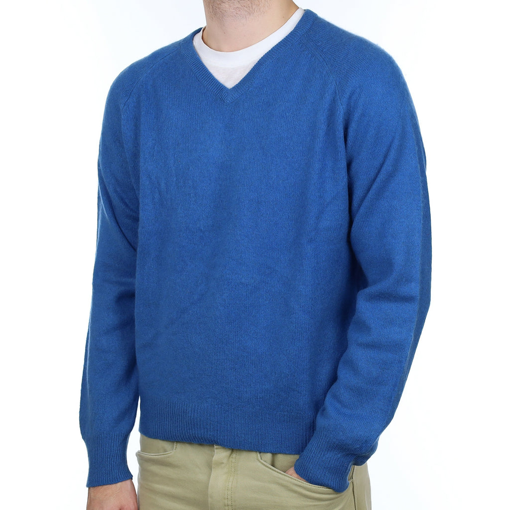 Men's Ocean Blue Cashmere V Neck Jumper Large