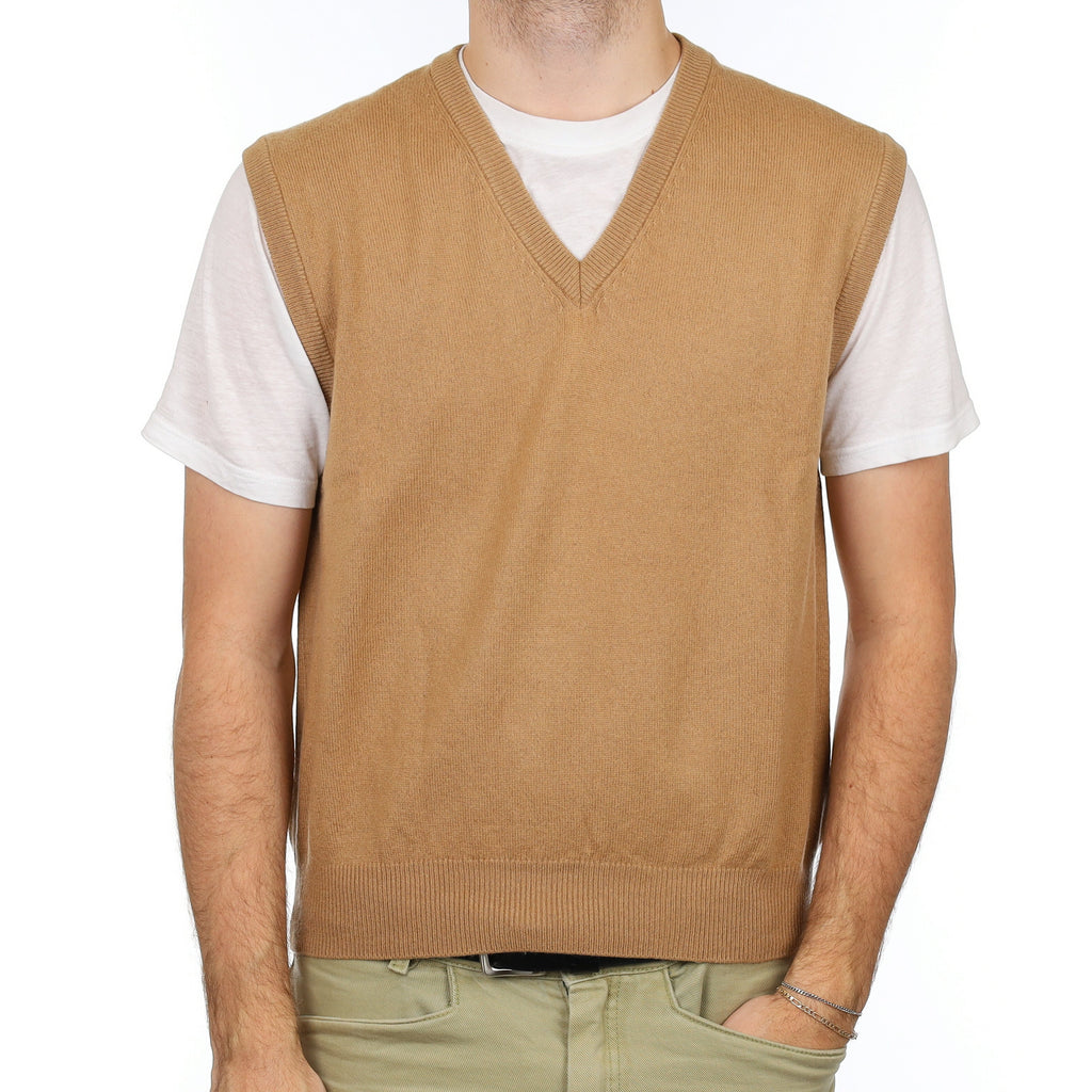 Men's Camel Brown Cashmere V Neck Tank Top Large
