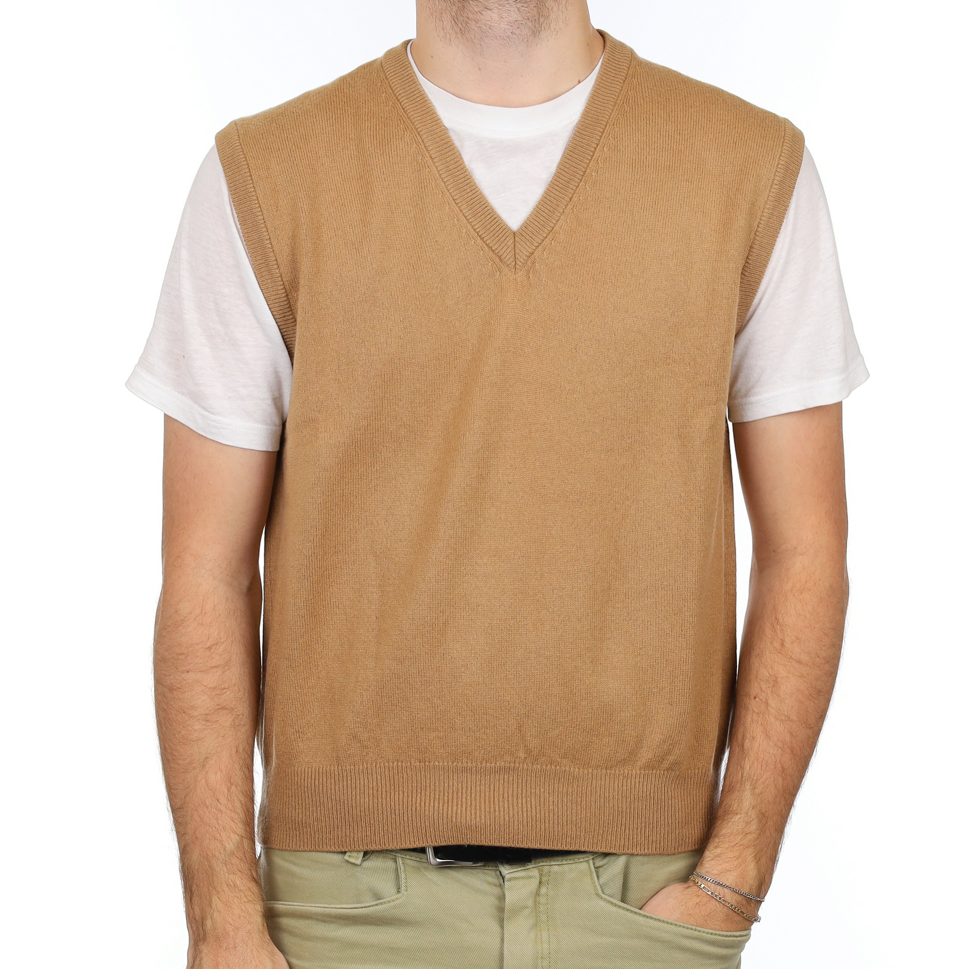 Men's Camel Brown Cashmere V Neck Tank Top Large