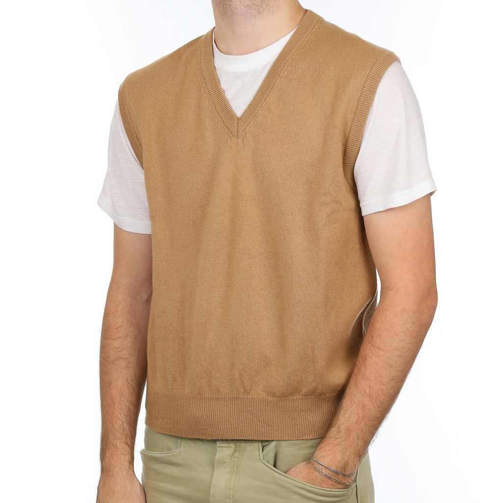 Men's Camel Brown Cashmere V Neck Tank Top Large