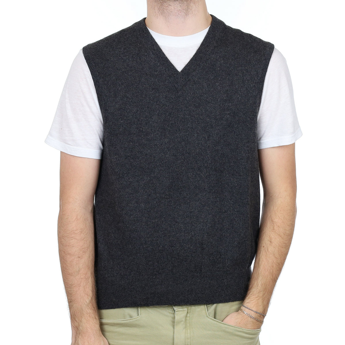 Men's Granite Grey Cashmere V Neck Tank Top Large
