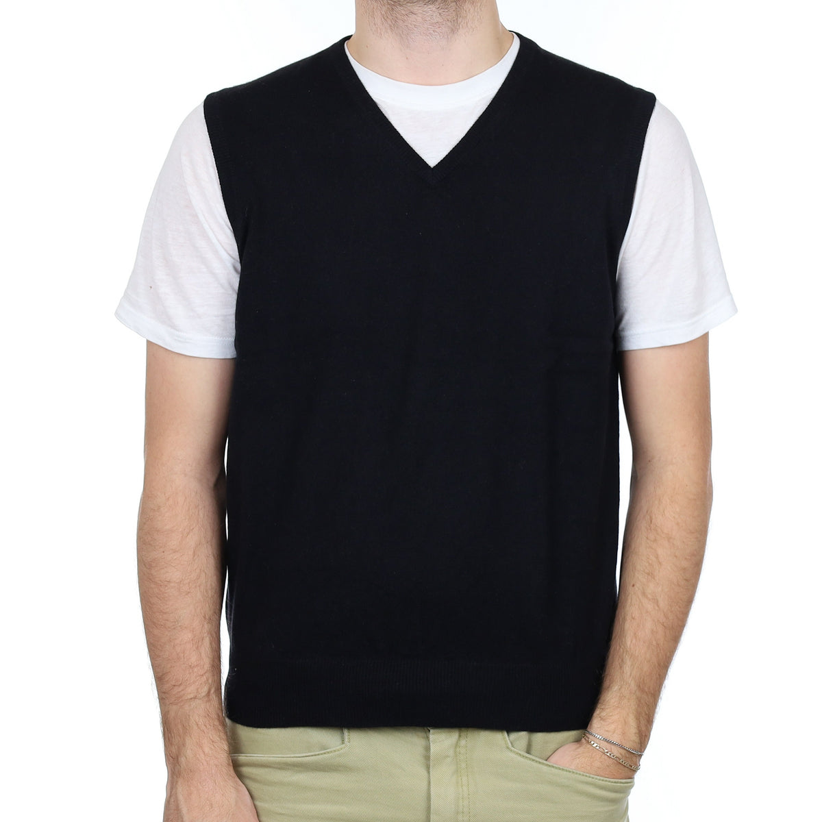 Men's Black Cashmere V Neck Tank Top Large