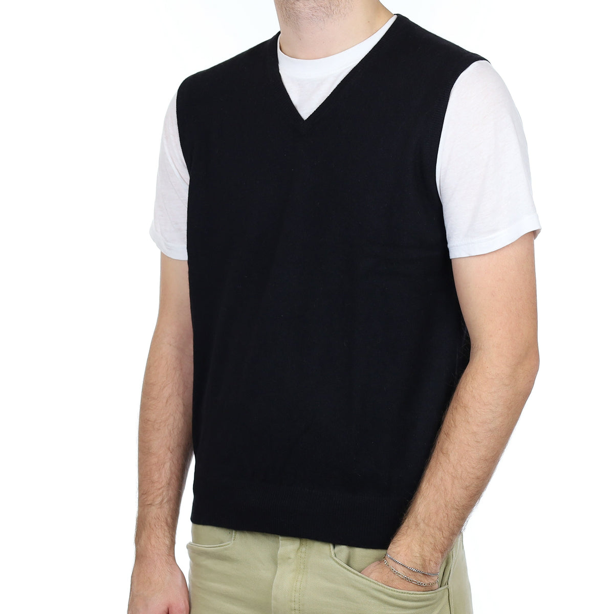 Men's Black Cashmere V Neck Tank Top Large
