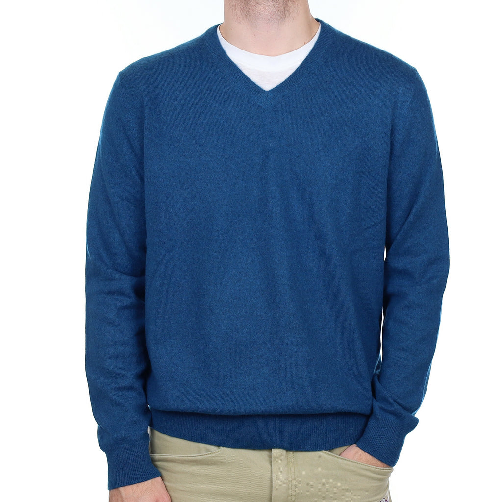 Men's Peacock Blue Cashmere V Neck Jumper Large
