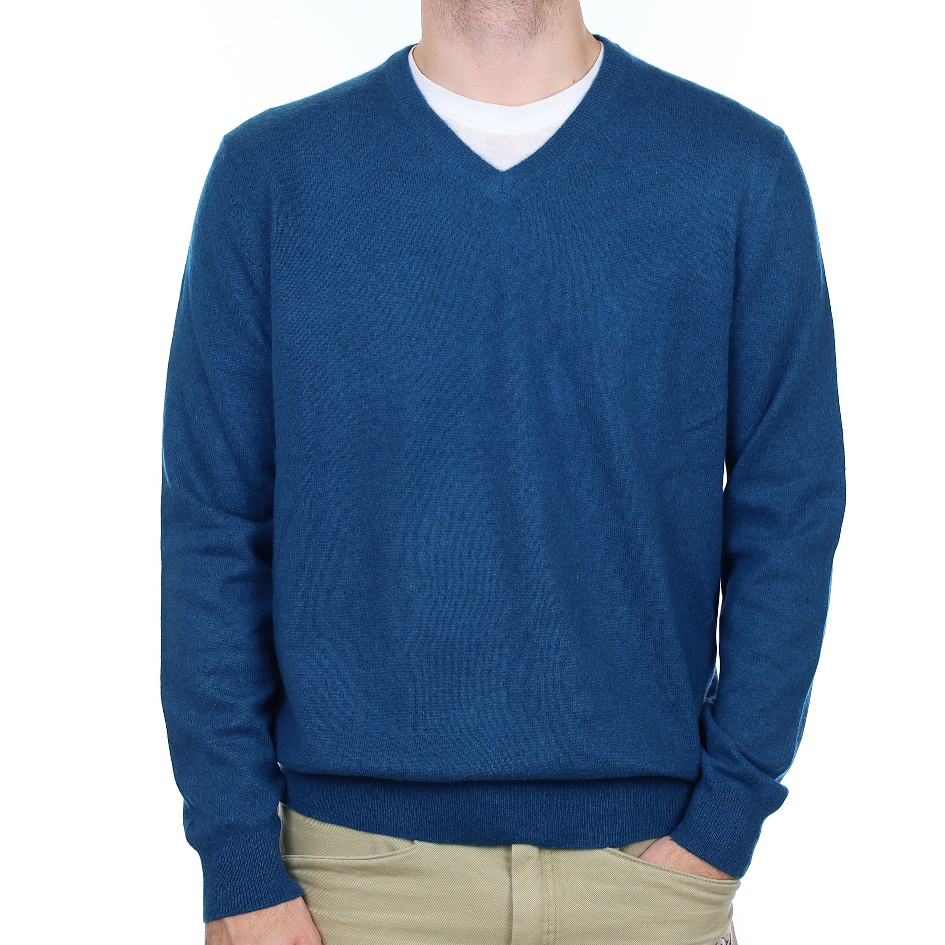 Men's Peacock Blue Cashmere V Neck Jumper Large