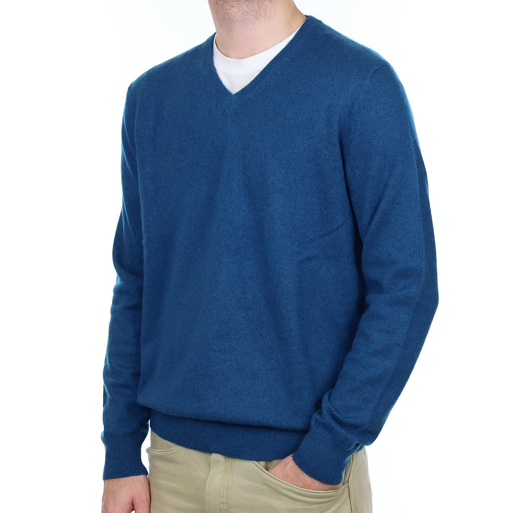 Men's Peacock Blue Cashmere V Neck Jumper Large