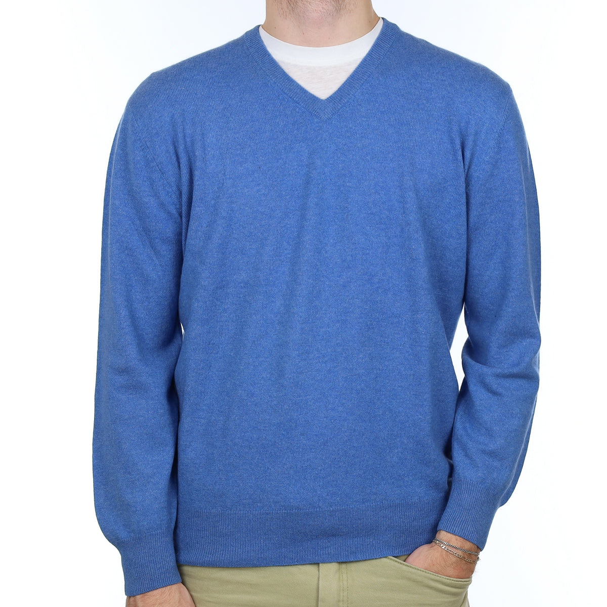 Men's Airforce Blue Cashmere V Neck Jumper Large