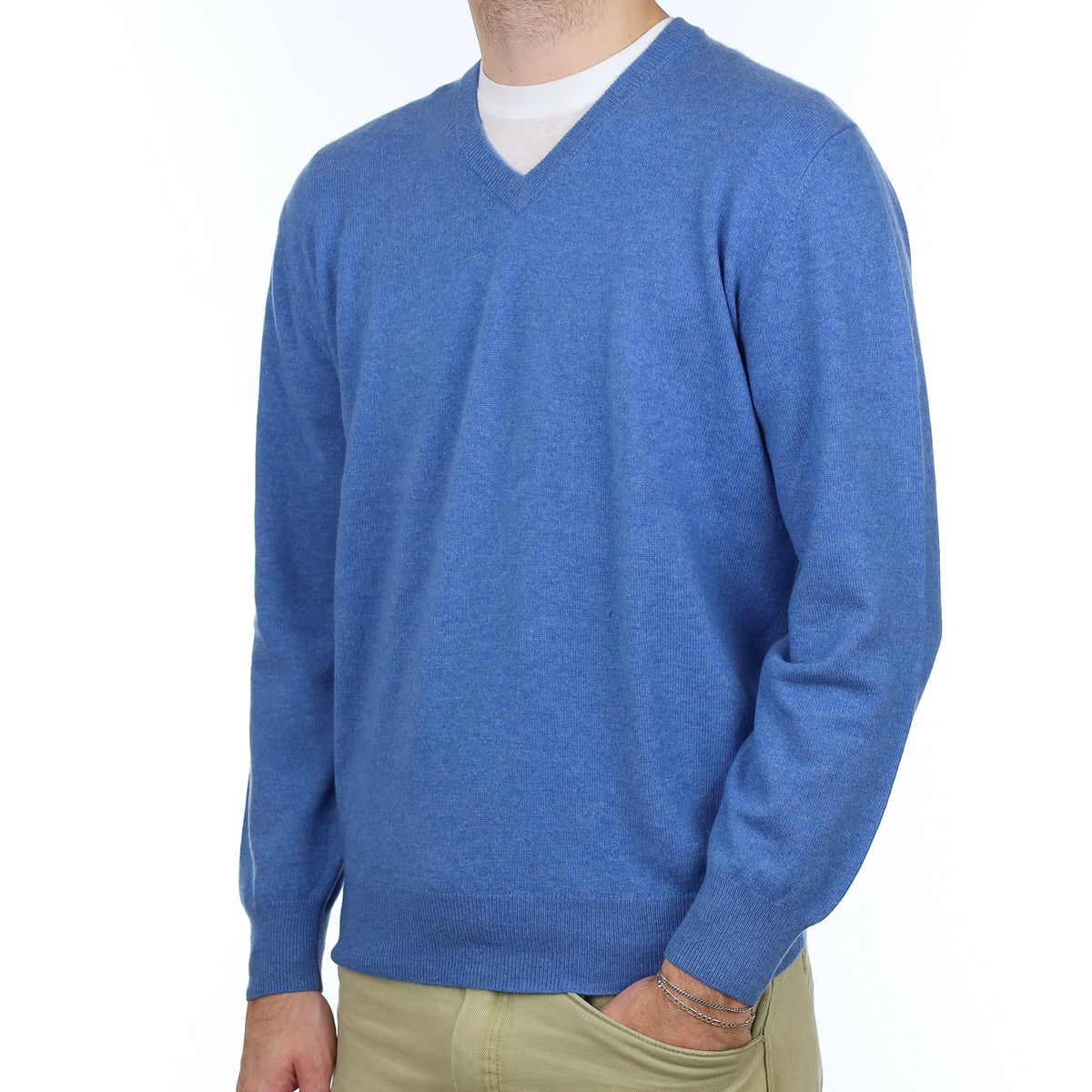 Men's Airforce Blue Cashmere V Neck Jumper Large