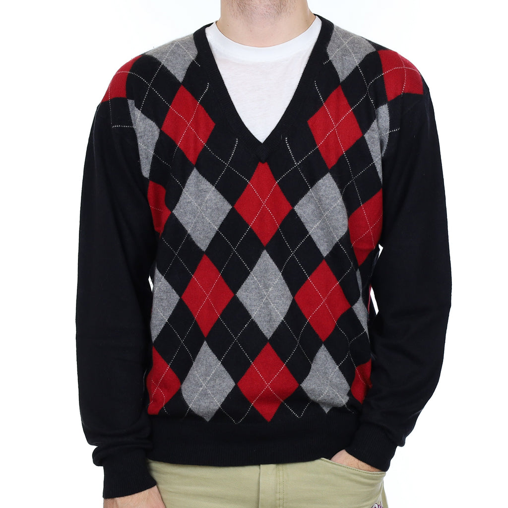 Men's Black and Red Diamond Cashmere V Neck Jumper Large